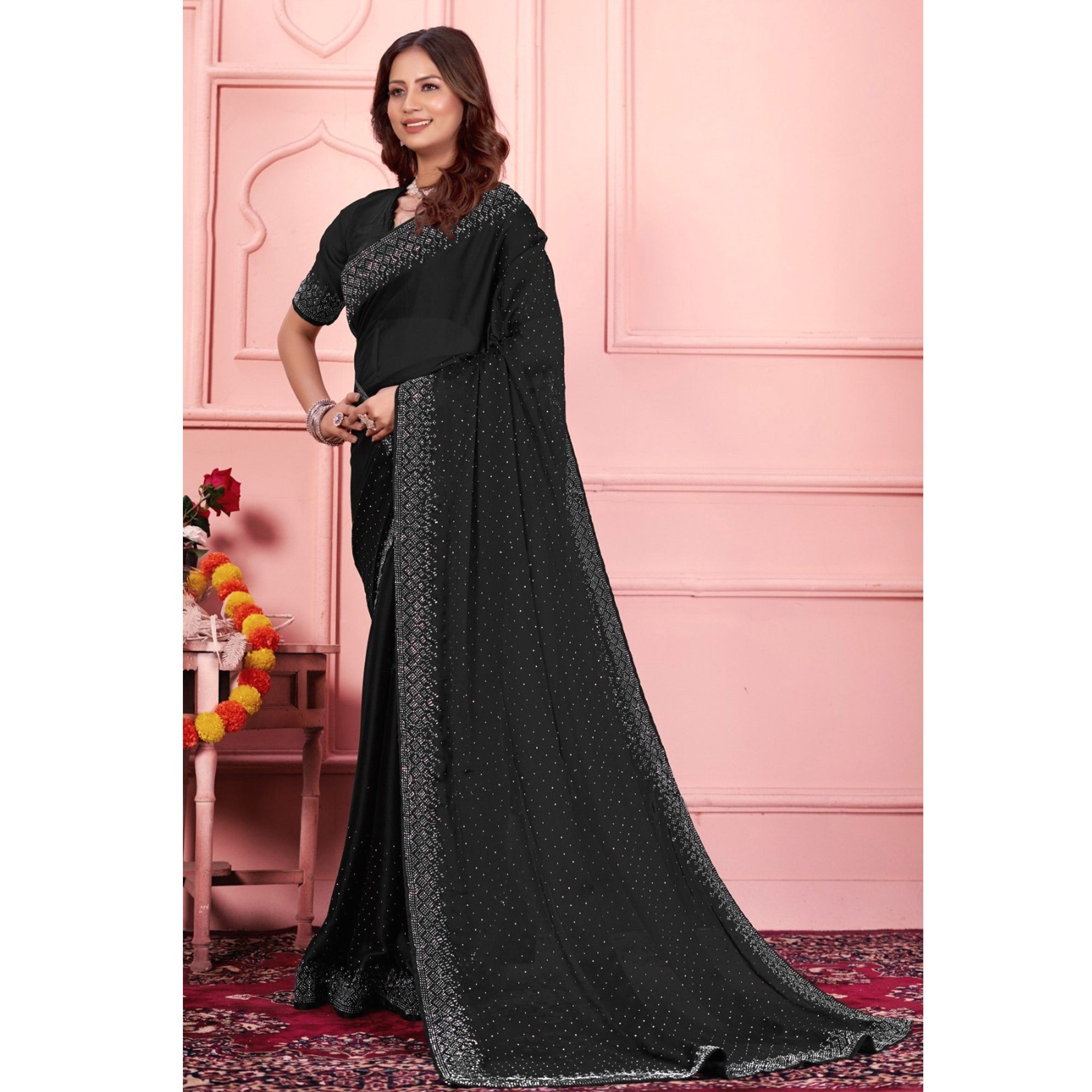 Black Swarovski Work Satin Saree