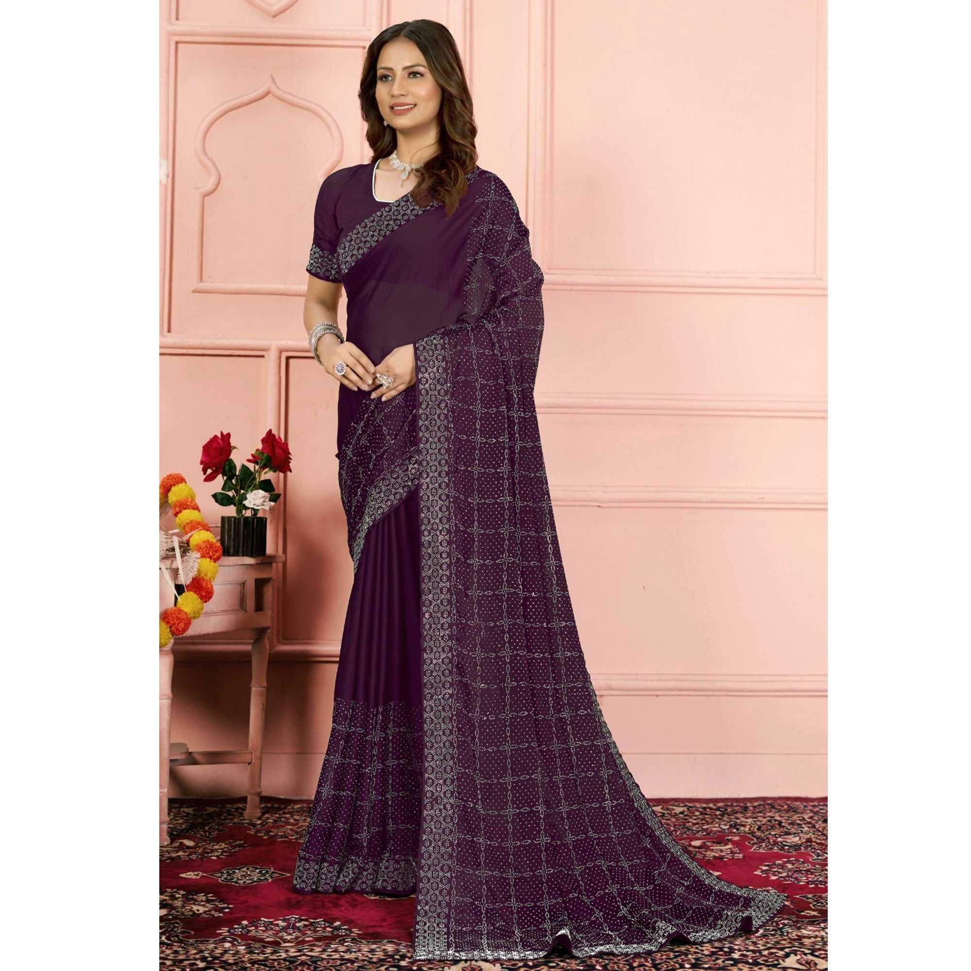 Wine Swarovski Work Satin Saree