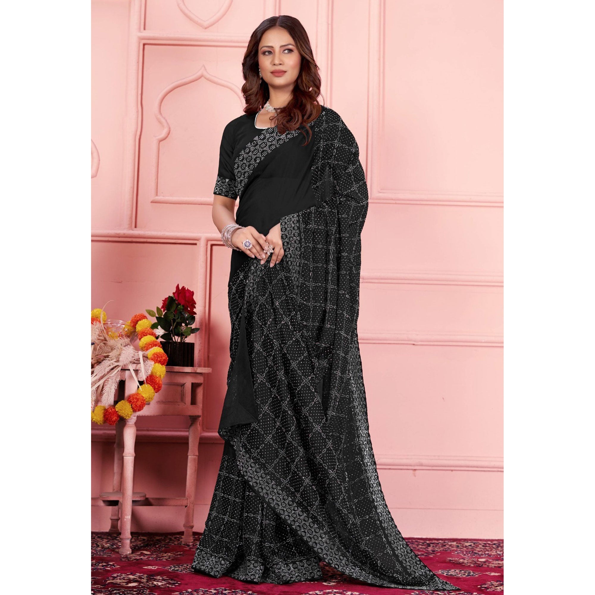 Black Swarovski Work Satin Saree
