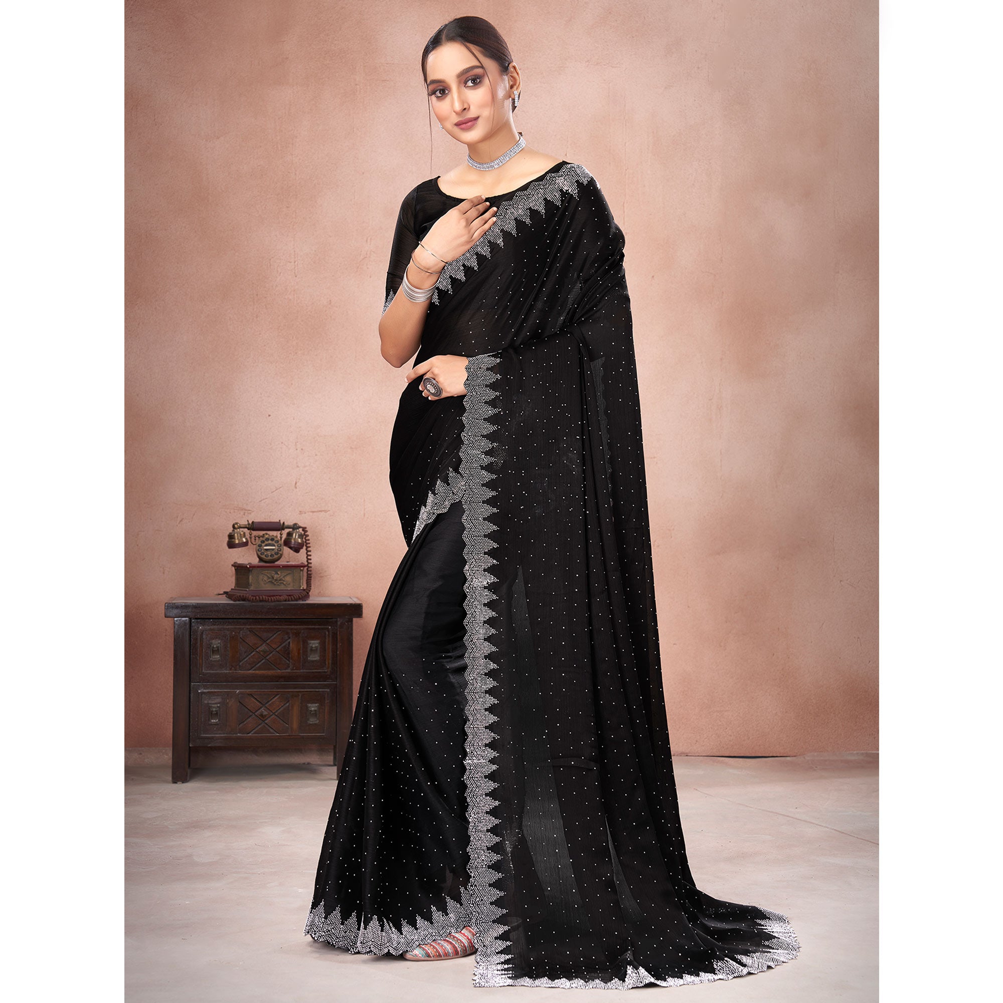 Black Swarovski Work Satin Saree