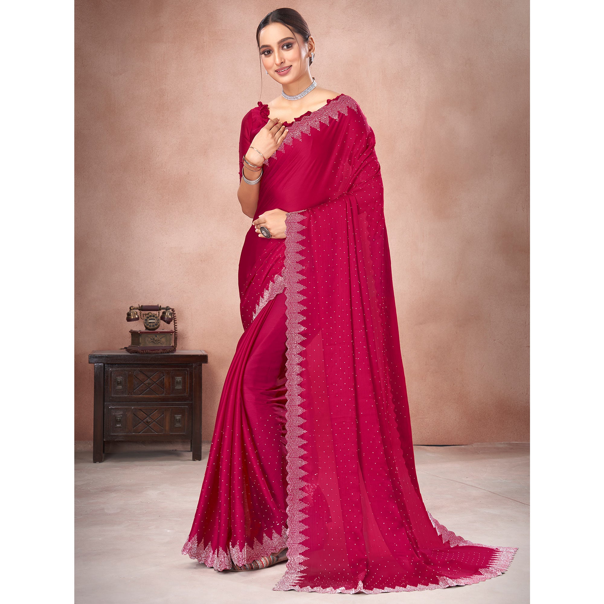 Pink Swarovski Work Satin Saree
