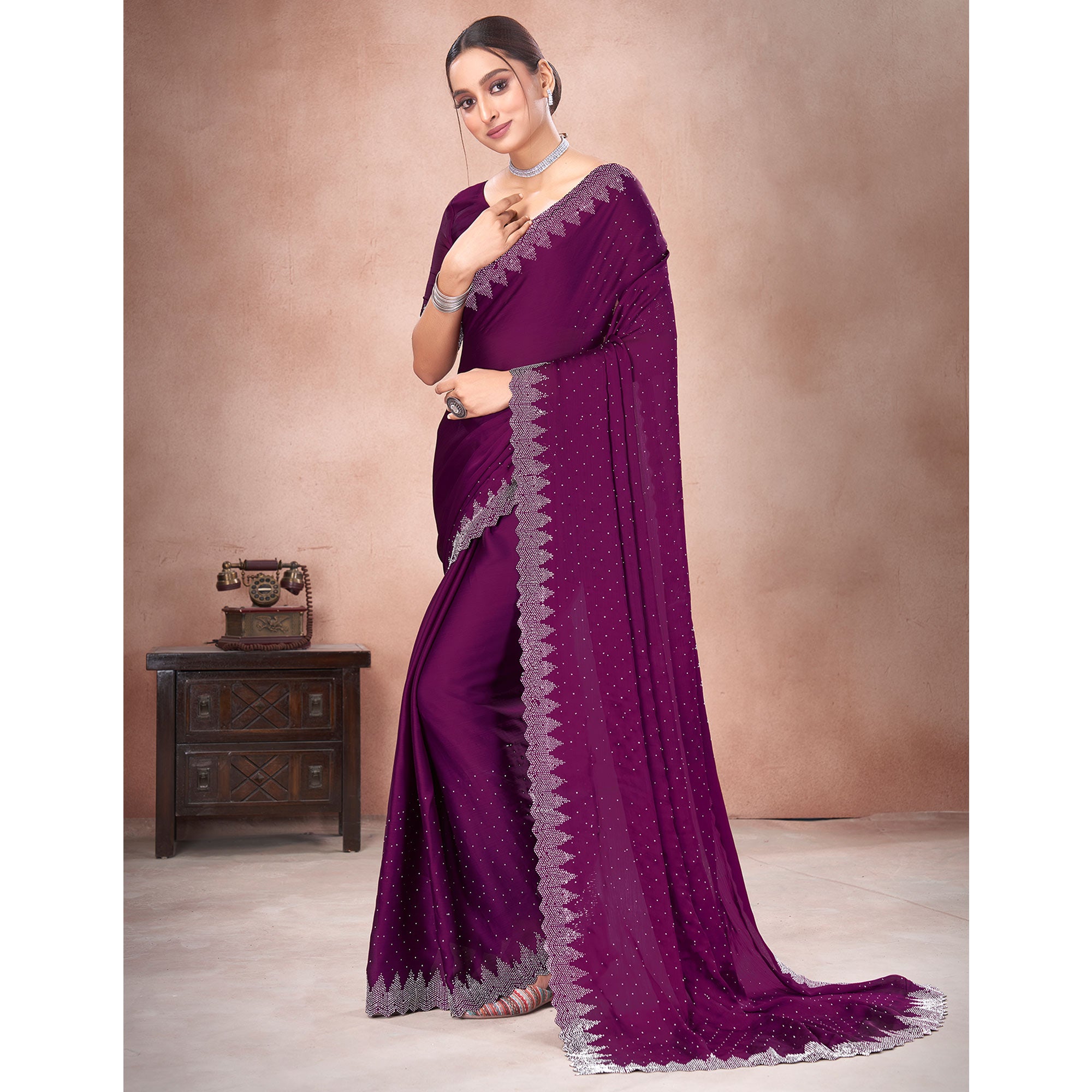 Wine Swarovski Work Satin Saree