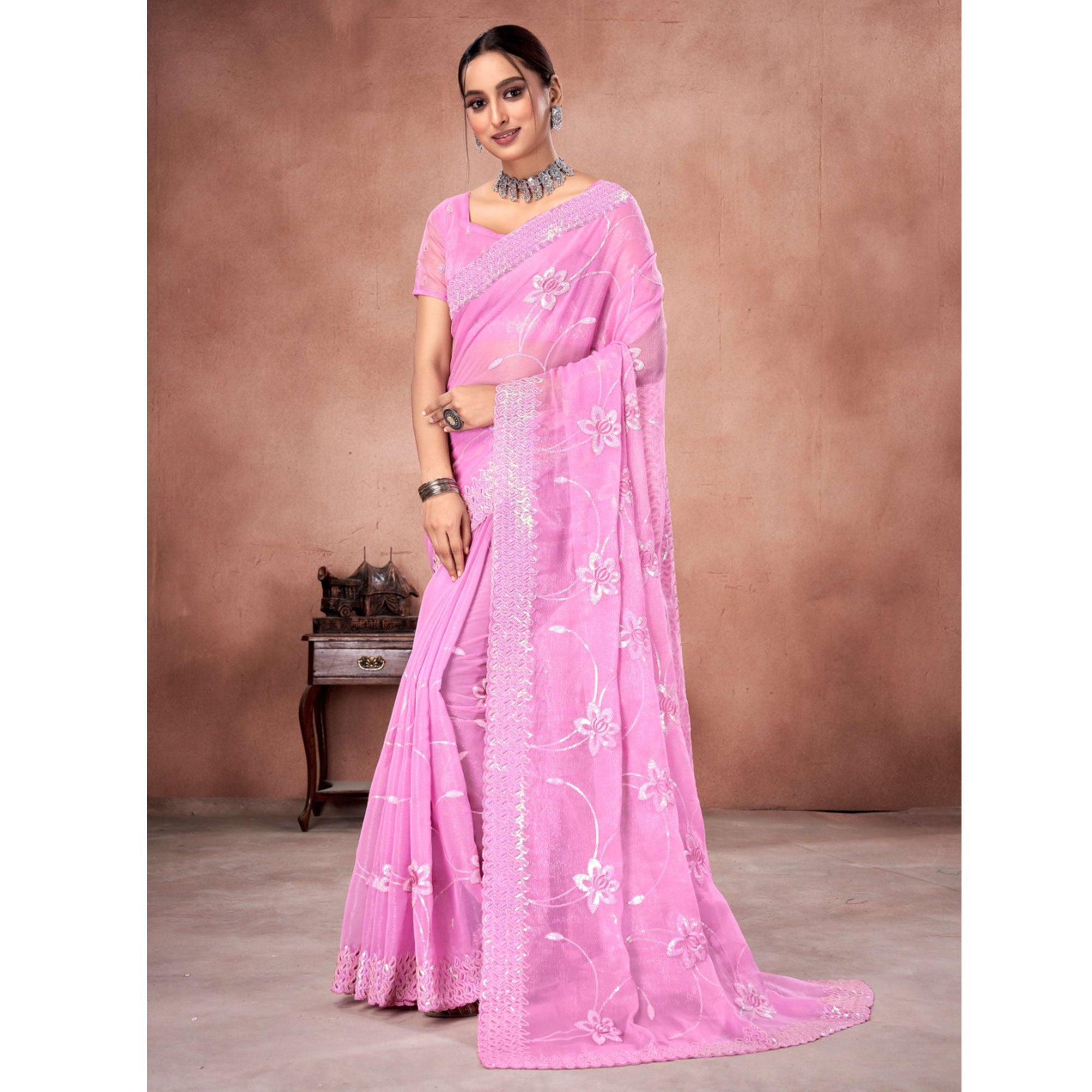 Pink Floral Sequins Embroidered Chiffon Saree