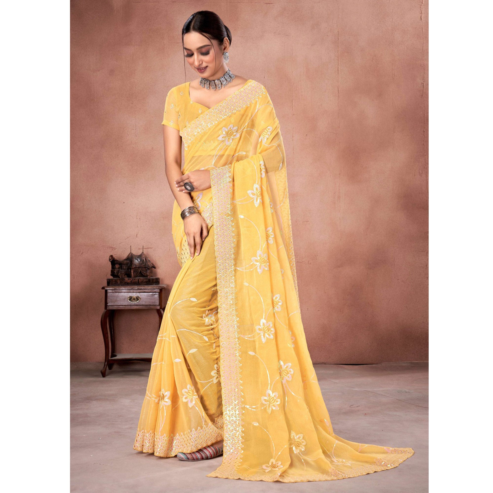 Yellow Floral Sequins Embroidered Chiffon Saree