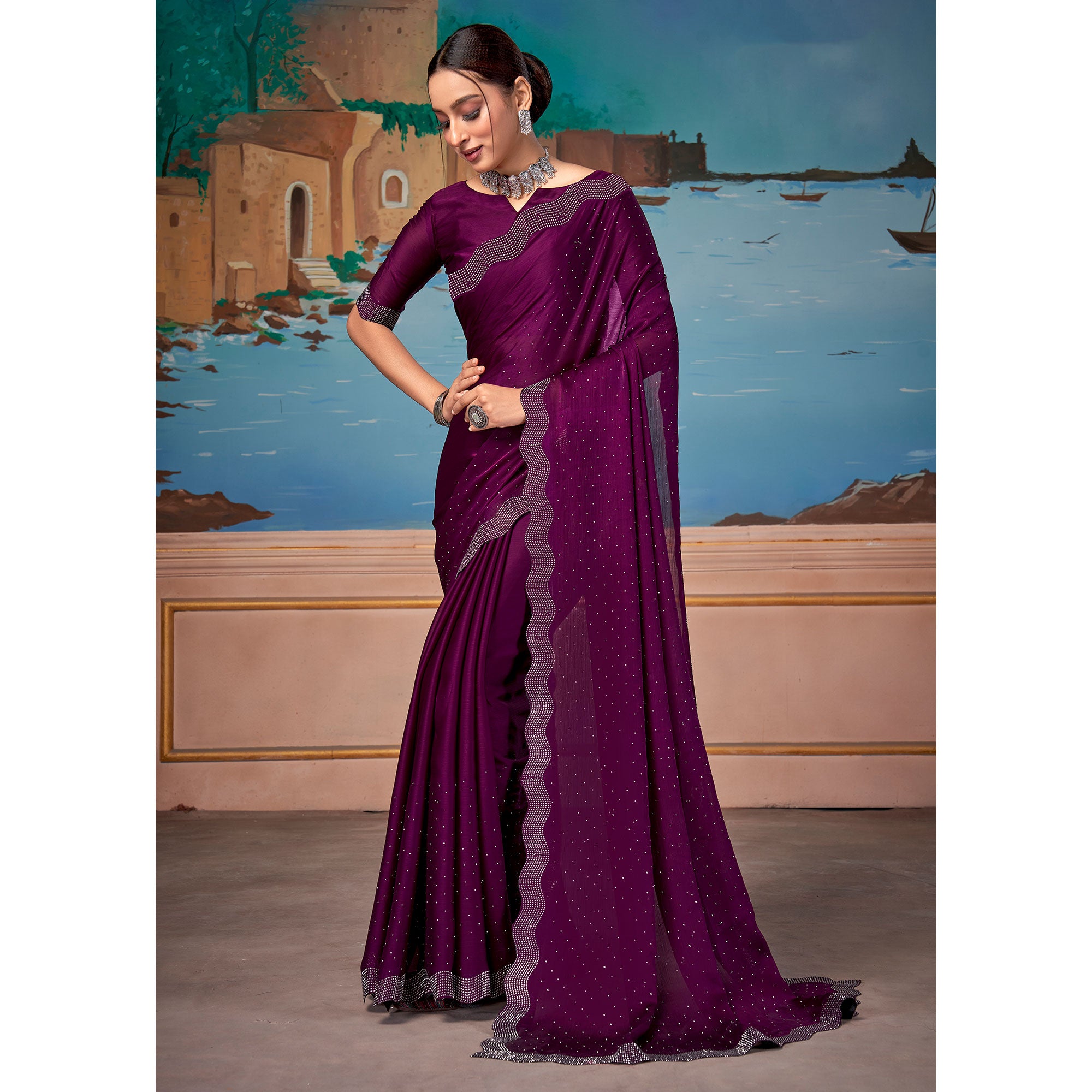 Wine Swarovski Work Satin Saree