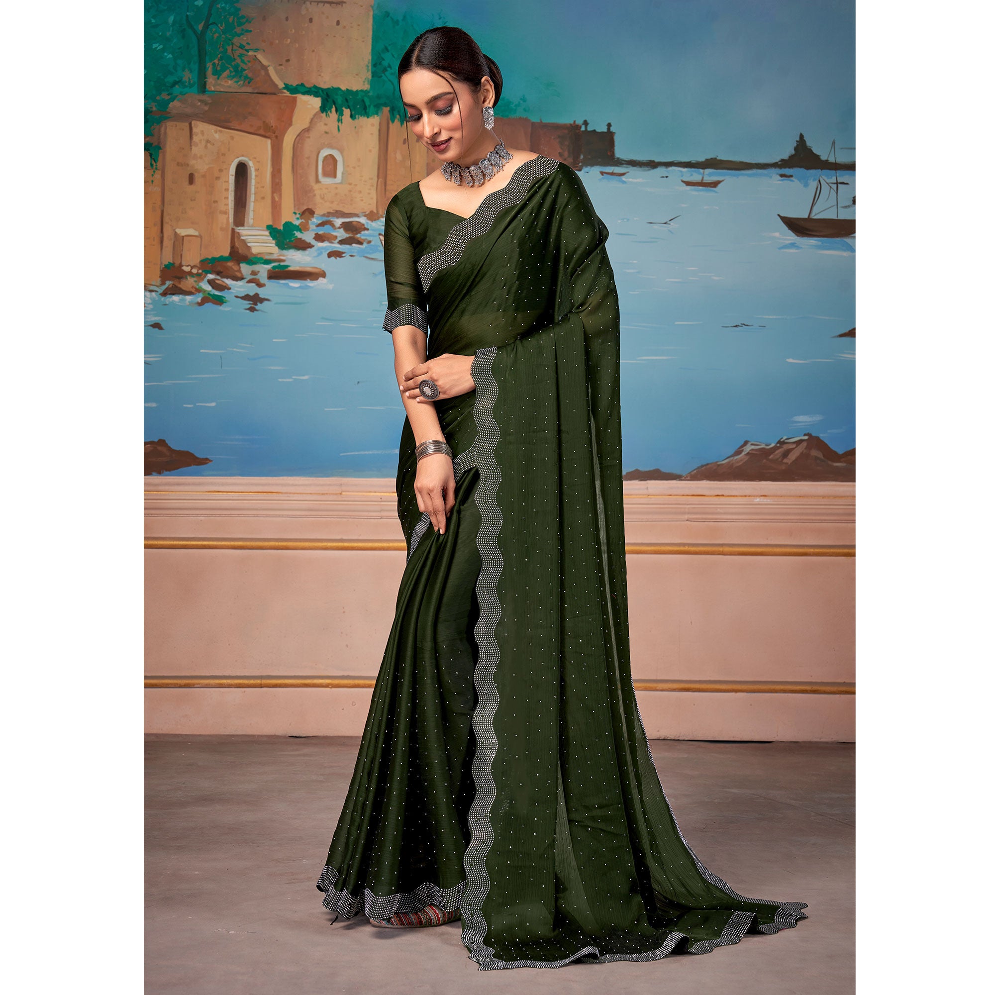 Green Swarovski Work Satin Saree