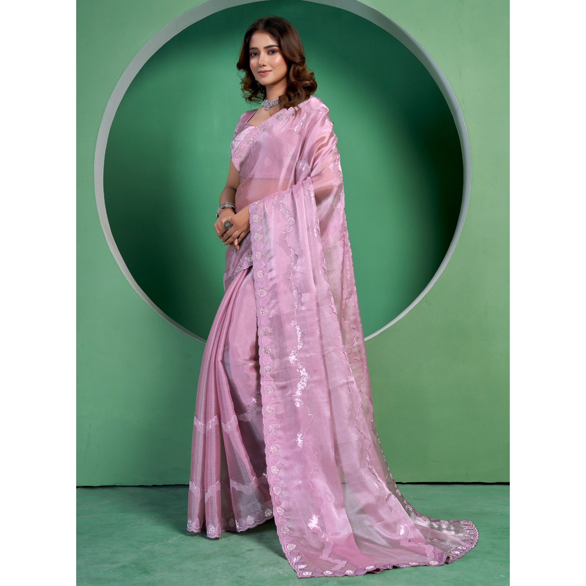 Pink Sequins Embroidered Chiffon Saree With Diamond Border
