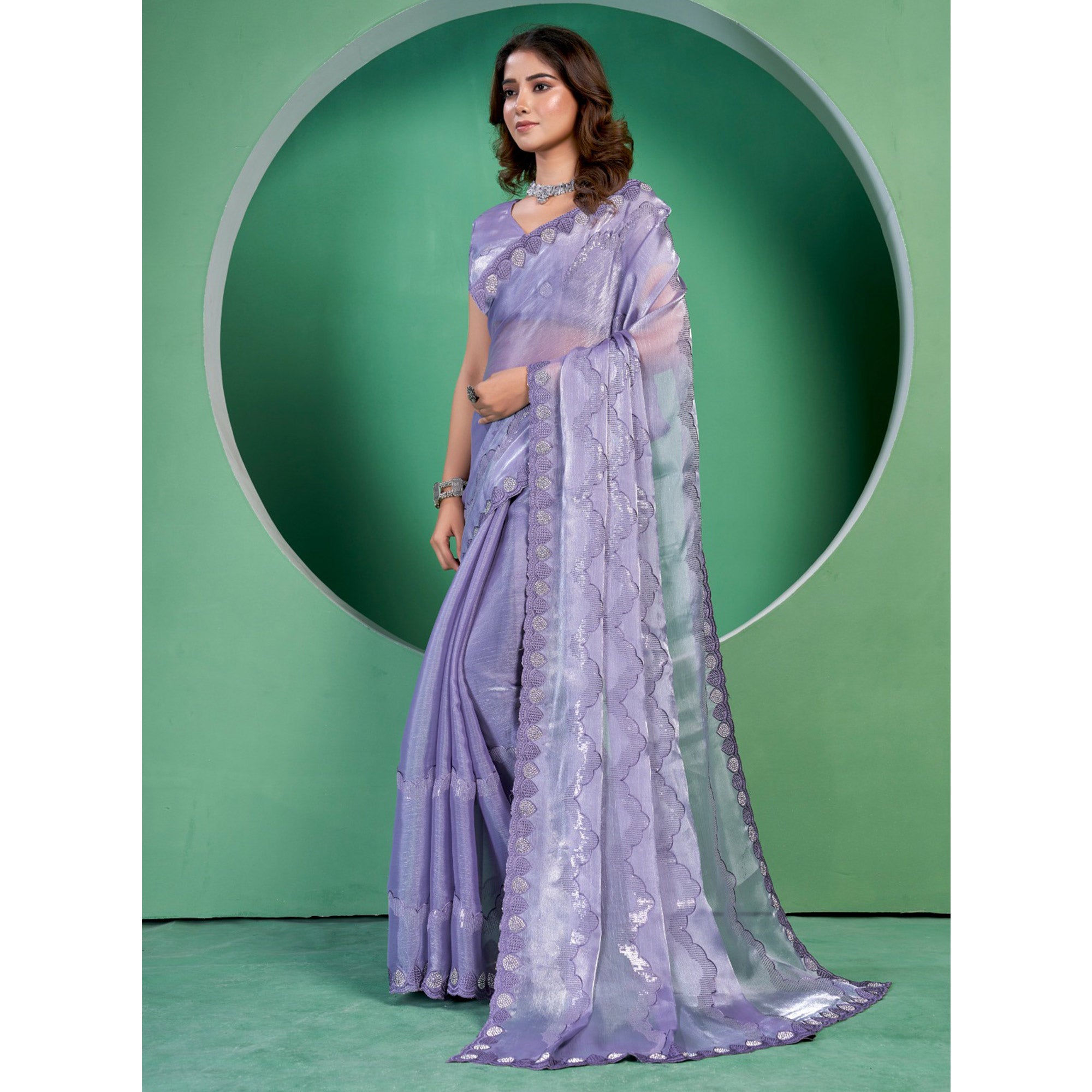 Purple Sequins Embroidered Chiffon Saree With Diamond Border