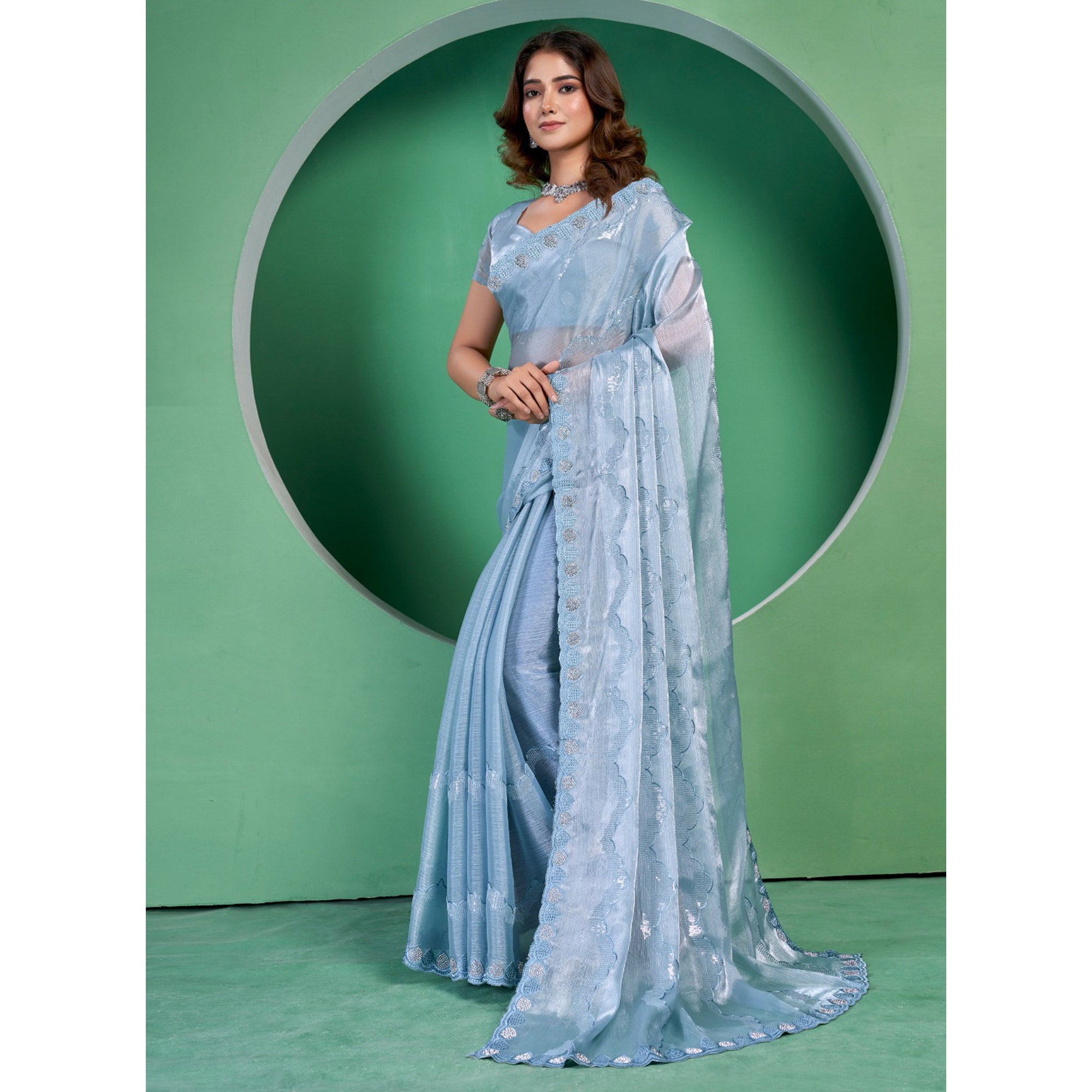Blue Sequins Embroidered Chiffon Saree With Diamond Border