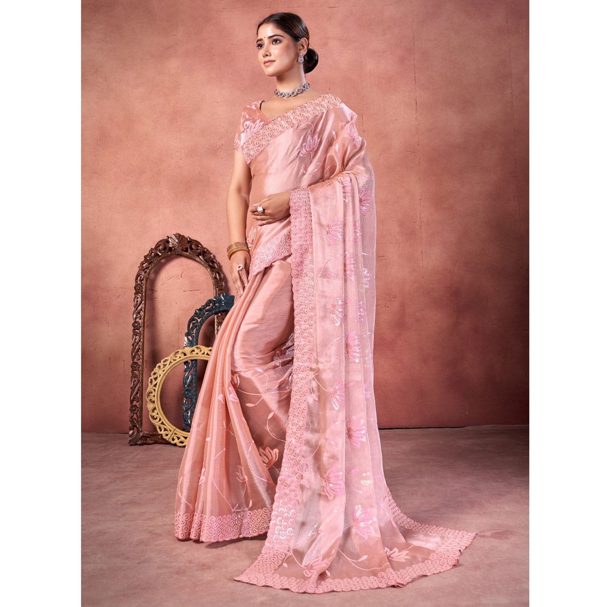 Peach Floral Sequins Embroidered chiffon Saree