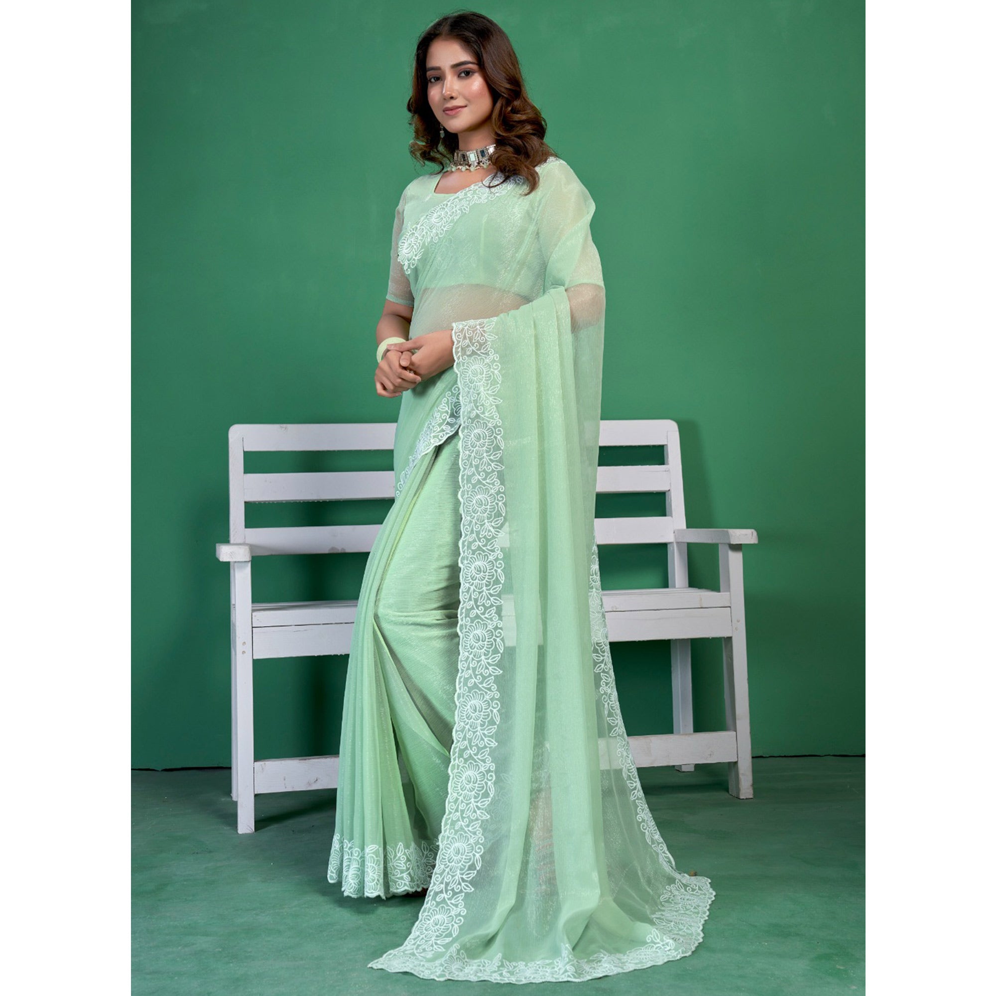 Green Chiffon Saree With Embroidered Border