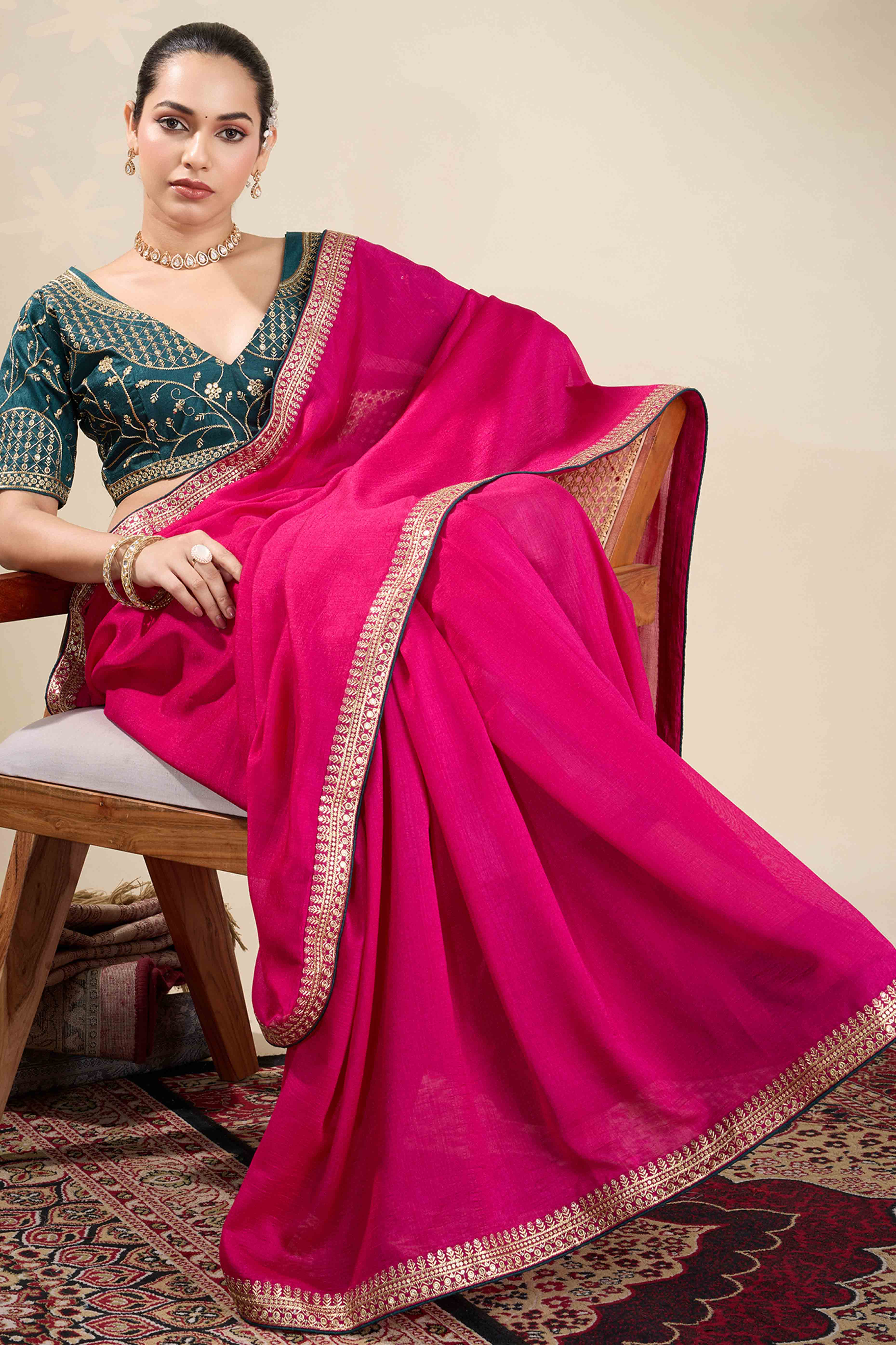 Graceful Vichitra Silk Saree in Pink with Embroidered Bordering