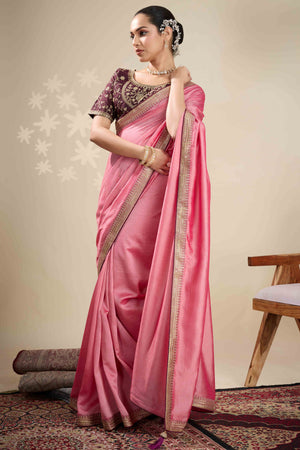 Graceful Vichitra Silk Saree in Baby Pink with Embroidered Bordering