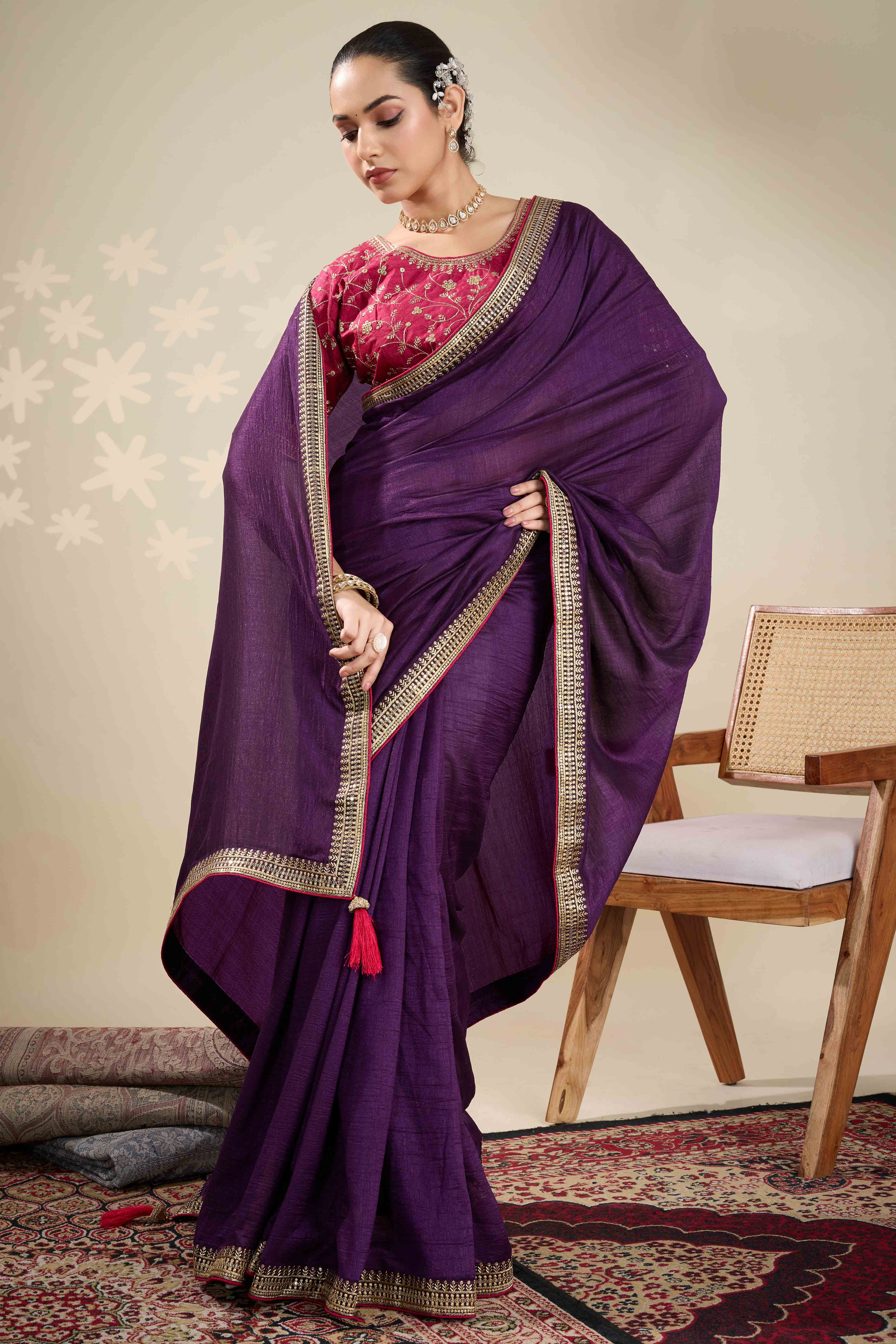 Graceful Vichitra Silk Saree in Purple with Embroidered Bordering