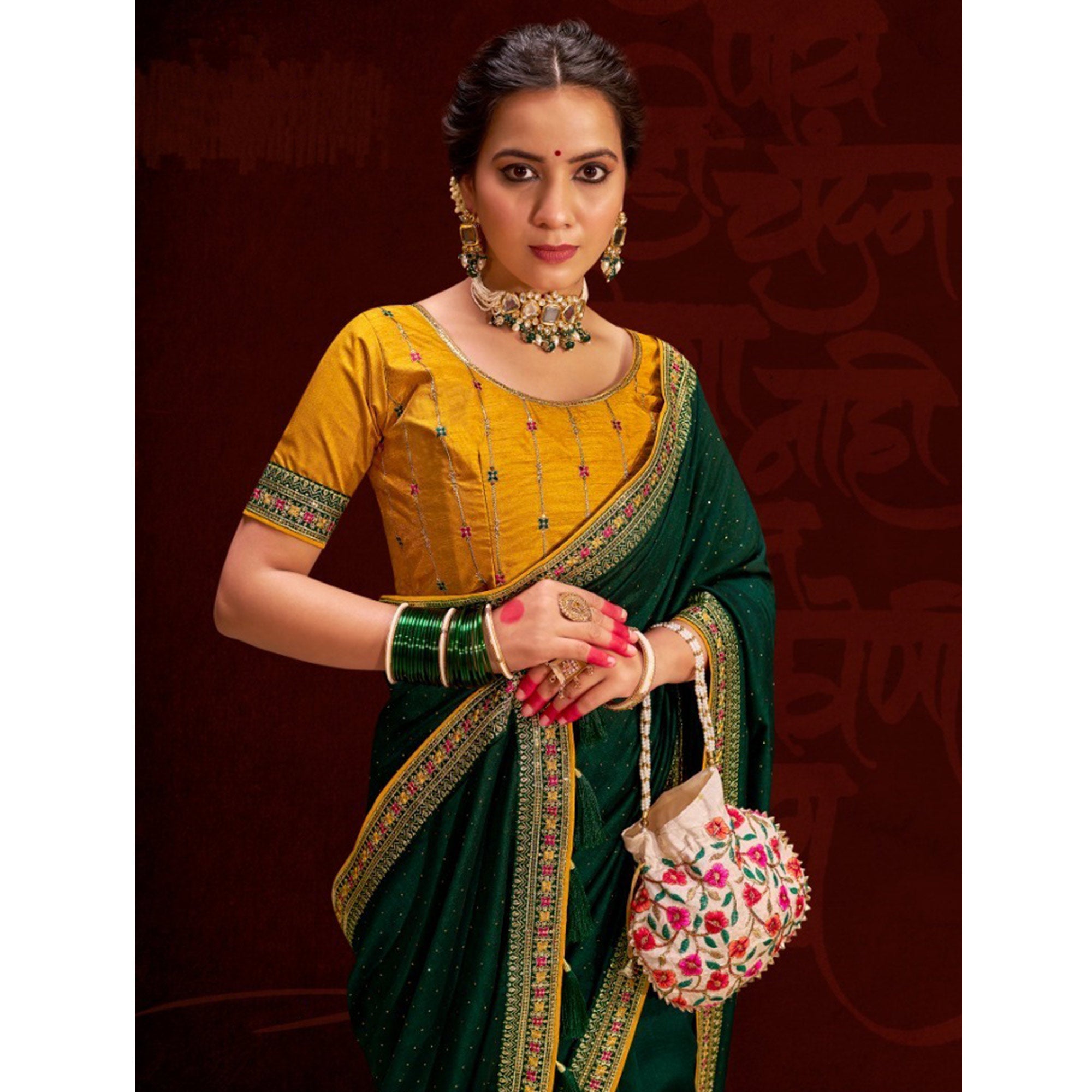 Dark Green Embroidered Vichitra Silk Saree With Tassels