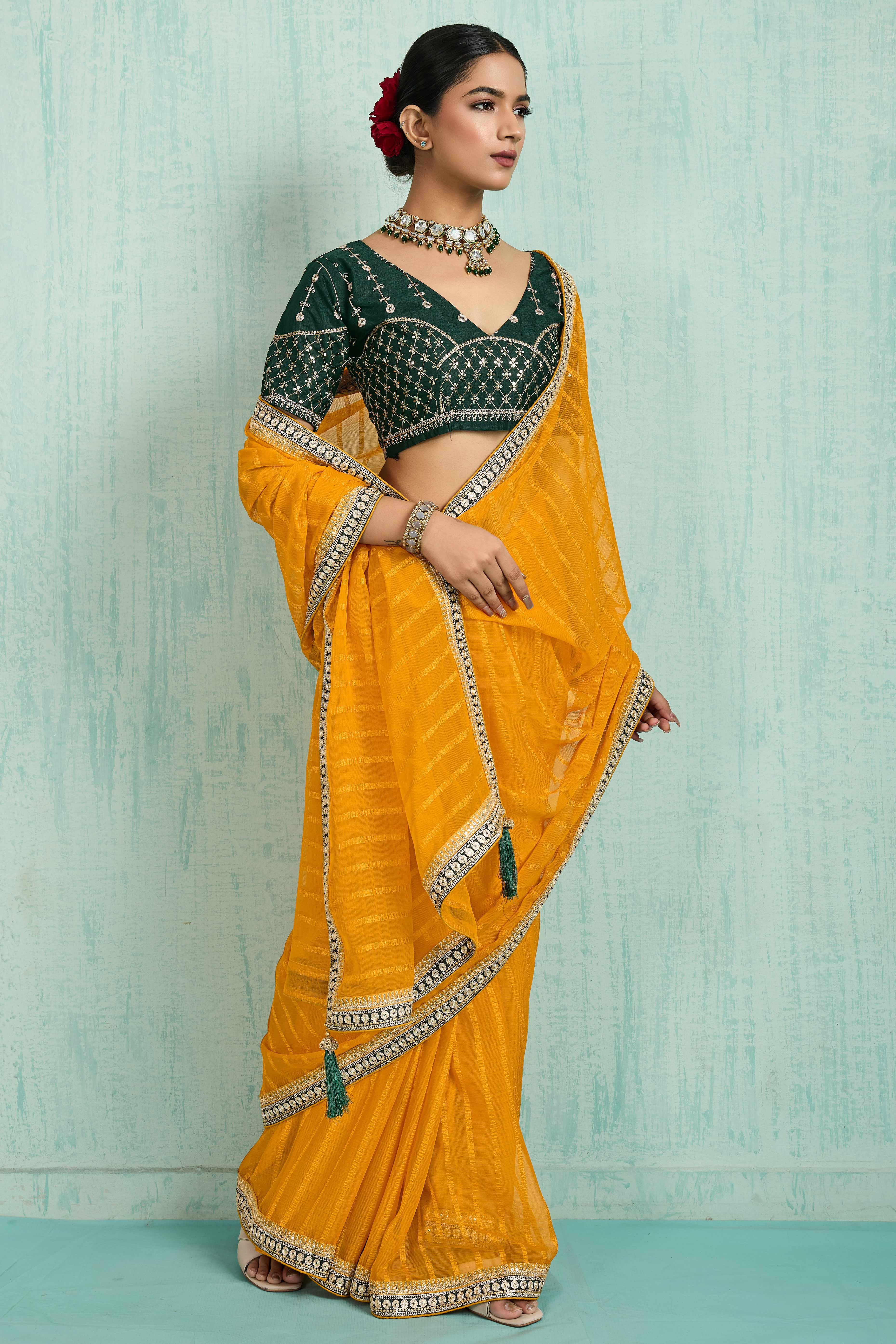 Mustard Chiffon Saree With Elegant Stripes & Sequins Embroidered Border