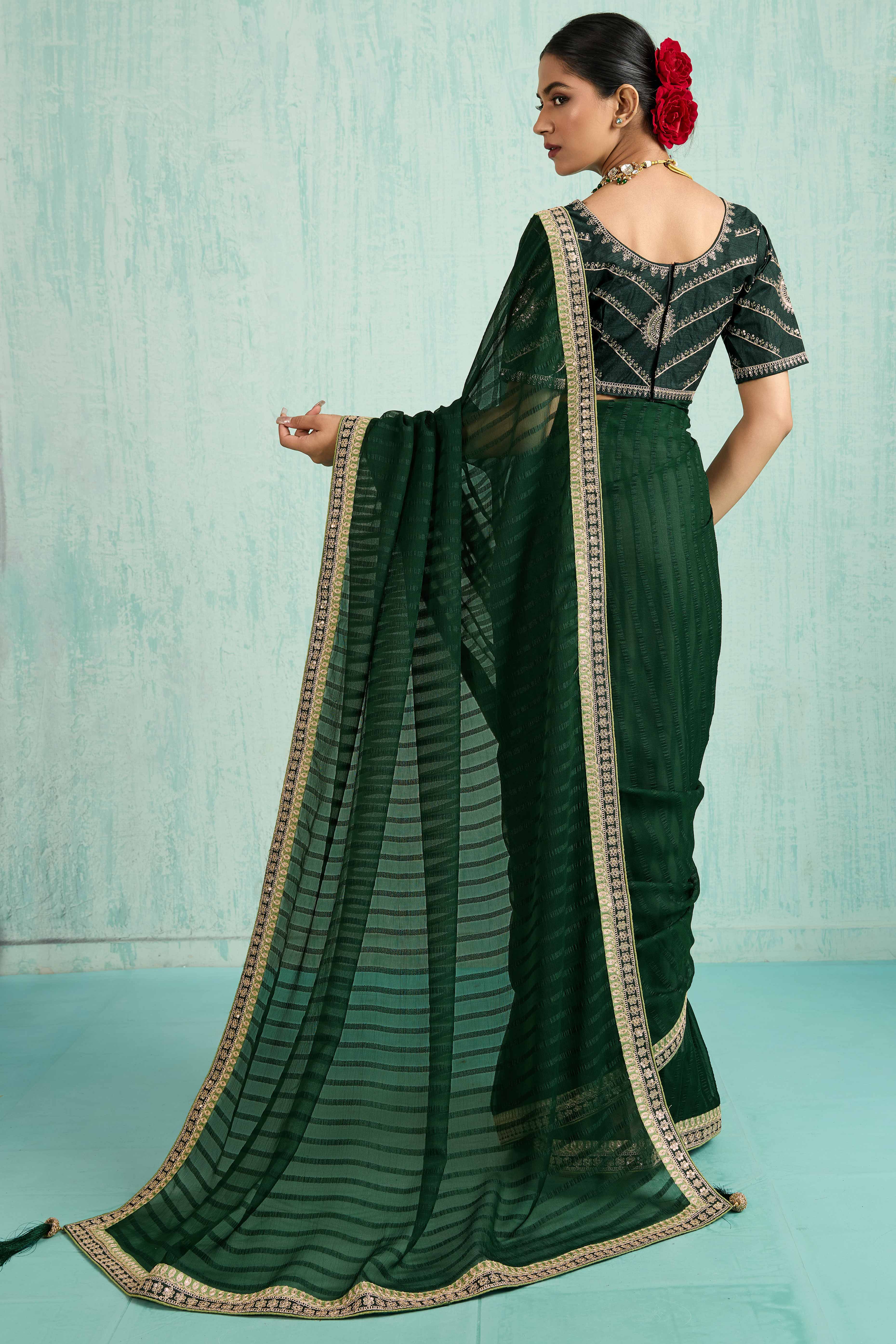 Green Chiffon Saree With Elegant Stripes & Sequins Embroidered Border