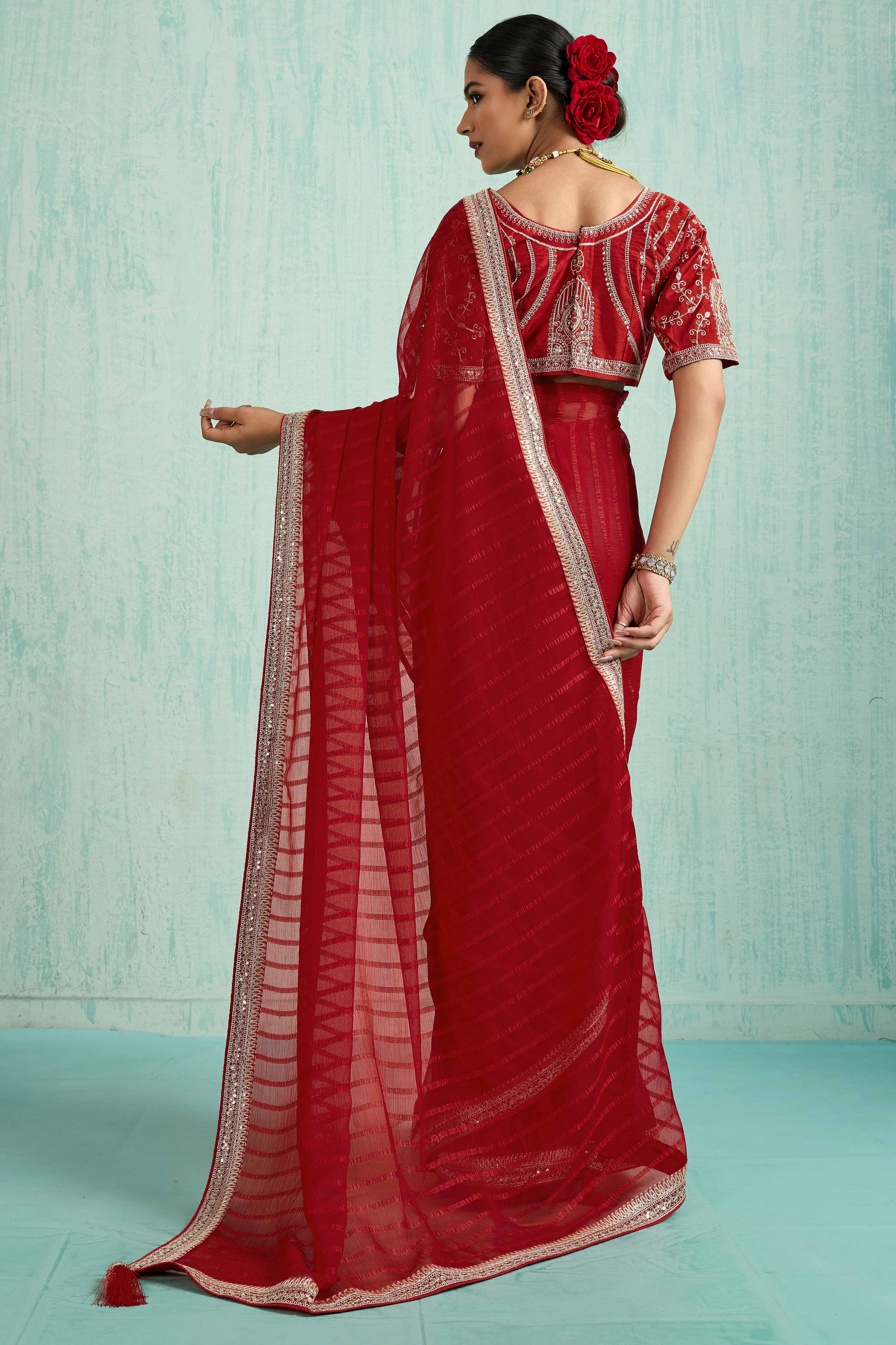 Red Chiffon Saree With Elegant Stripes & Sequins Embroidered Border