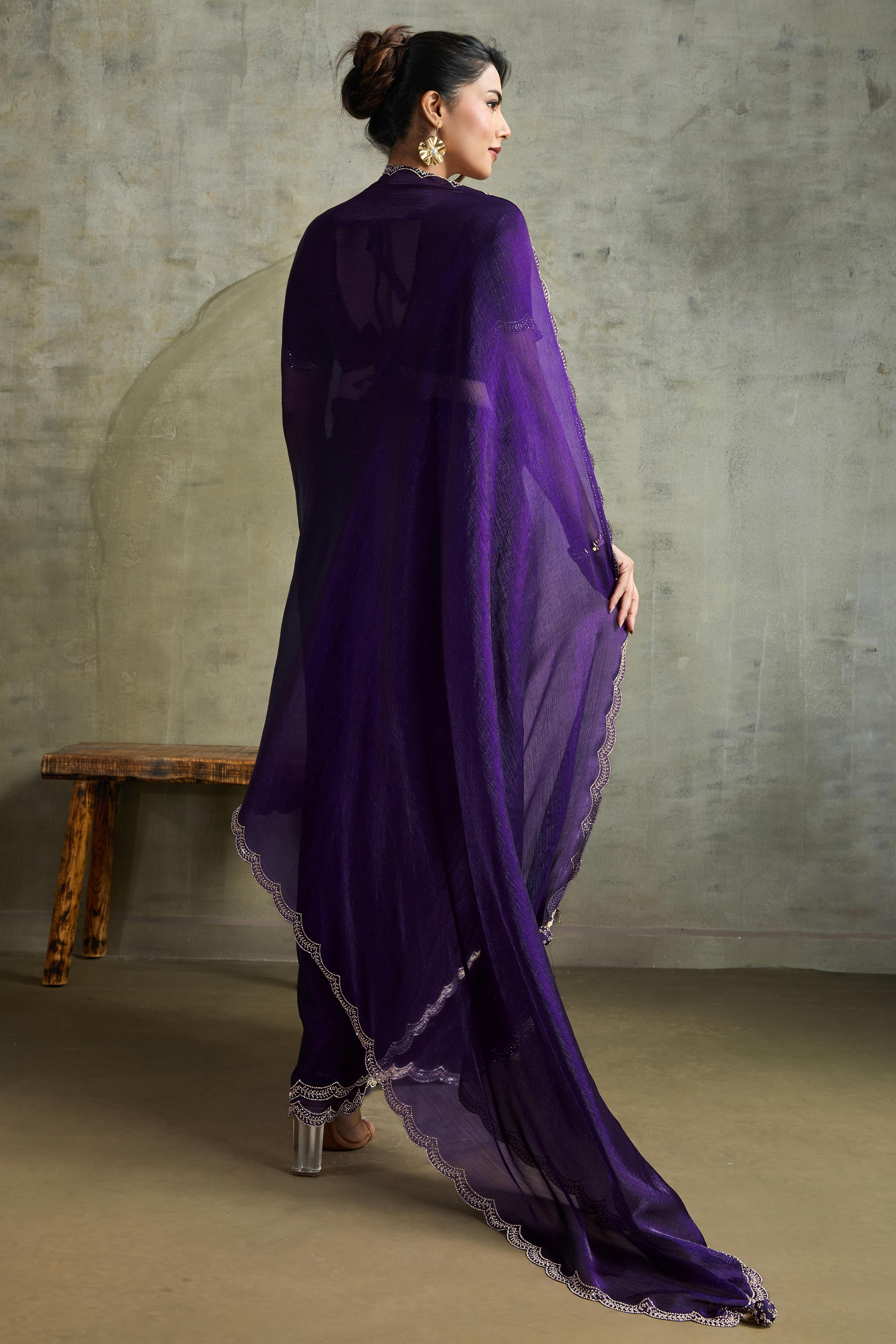 Violet Solid Chiffon Saree With Sparkling Zarkan Border & Latkan Pallu