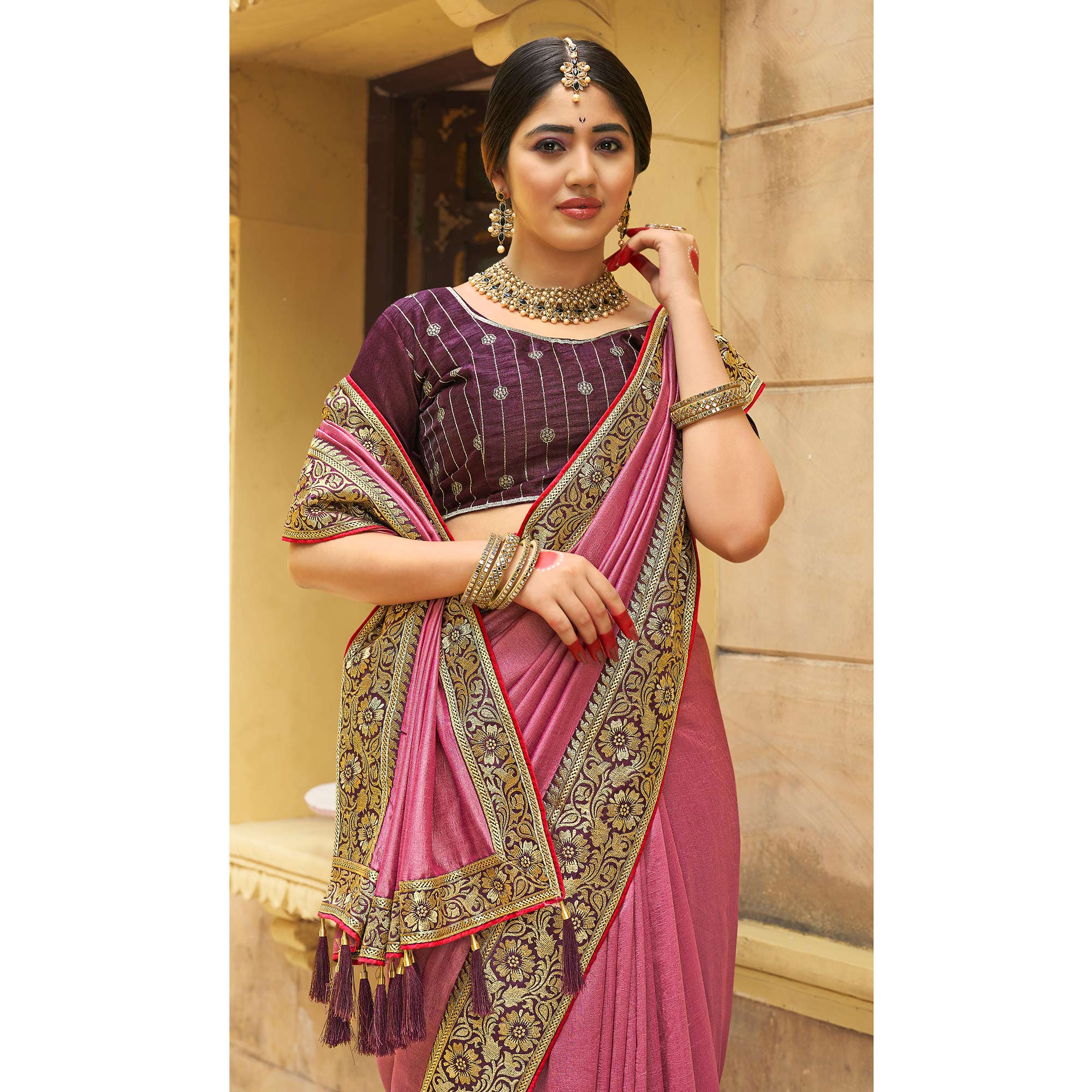 Dusty Pink Solid With Embroidered Border Vichitra Silk Saree