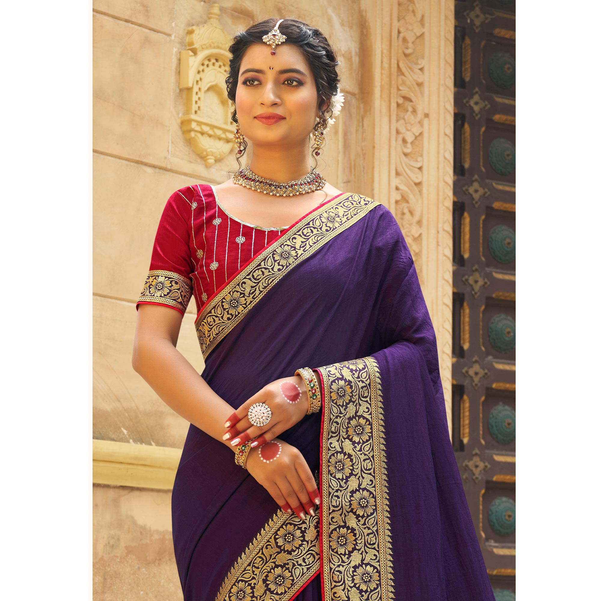 Violet Solid With Embroidered Border Vichitra Silk Saree