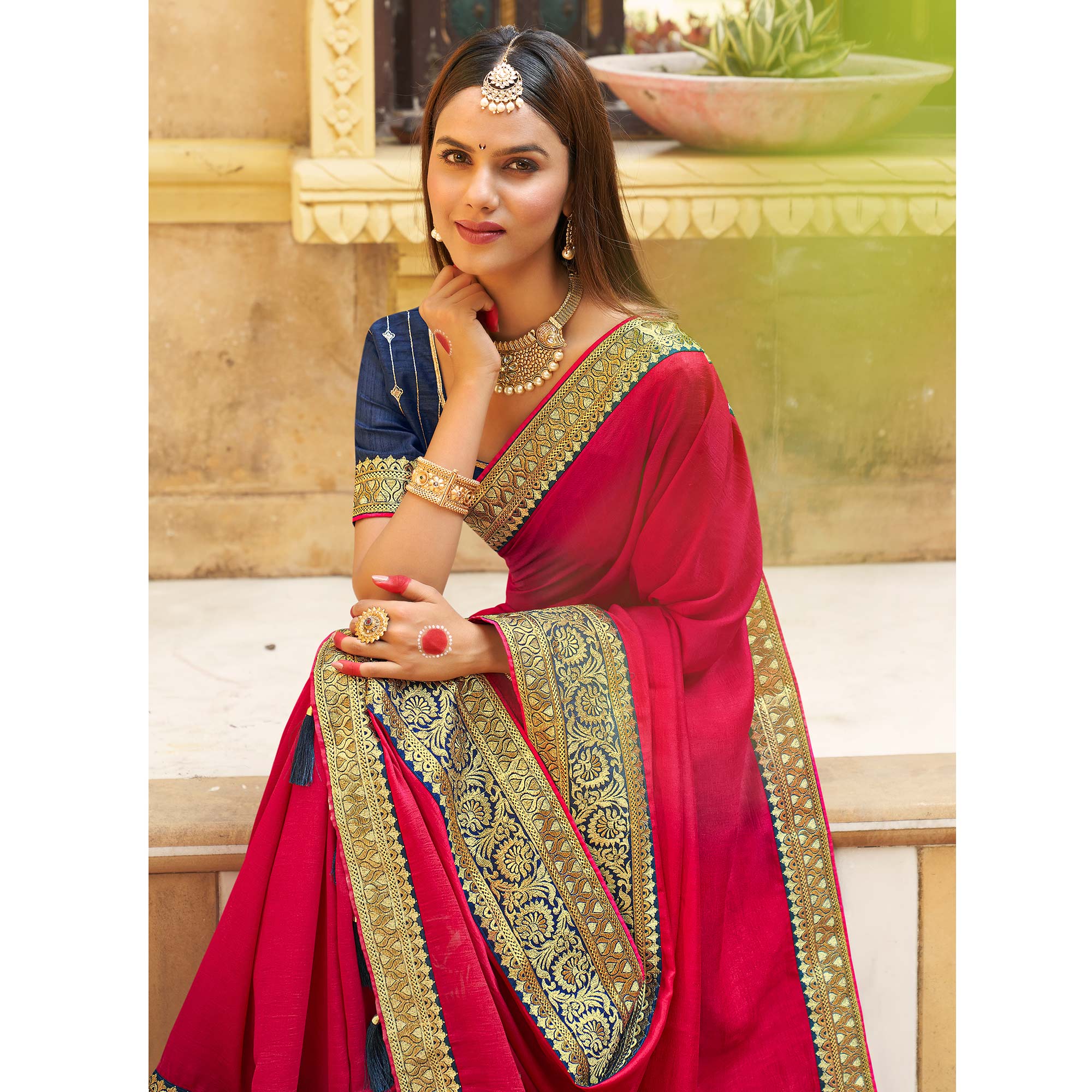 Rani Pink Solid With Embroidered Border Vichitra Silk Saree