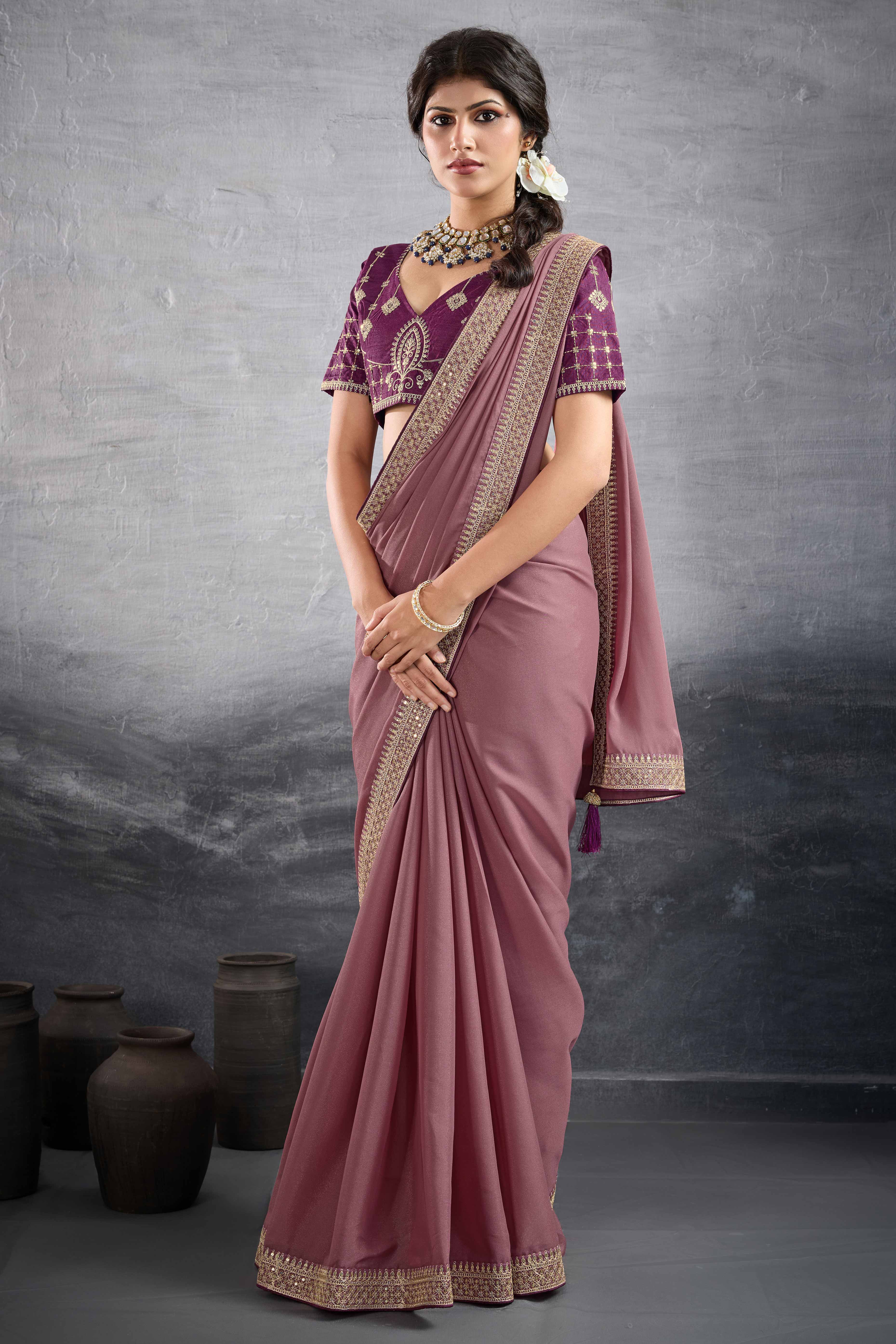 Onion Pink Solid Saree In Georgette With Zari & Sequins Embroidery Border