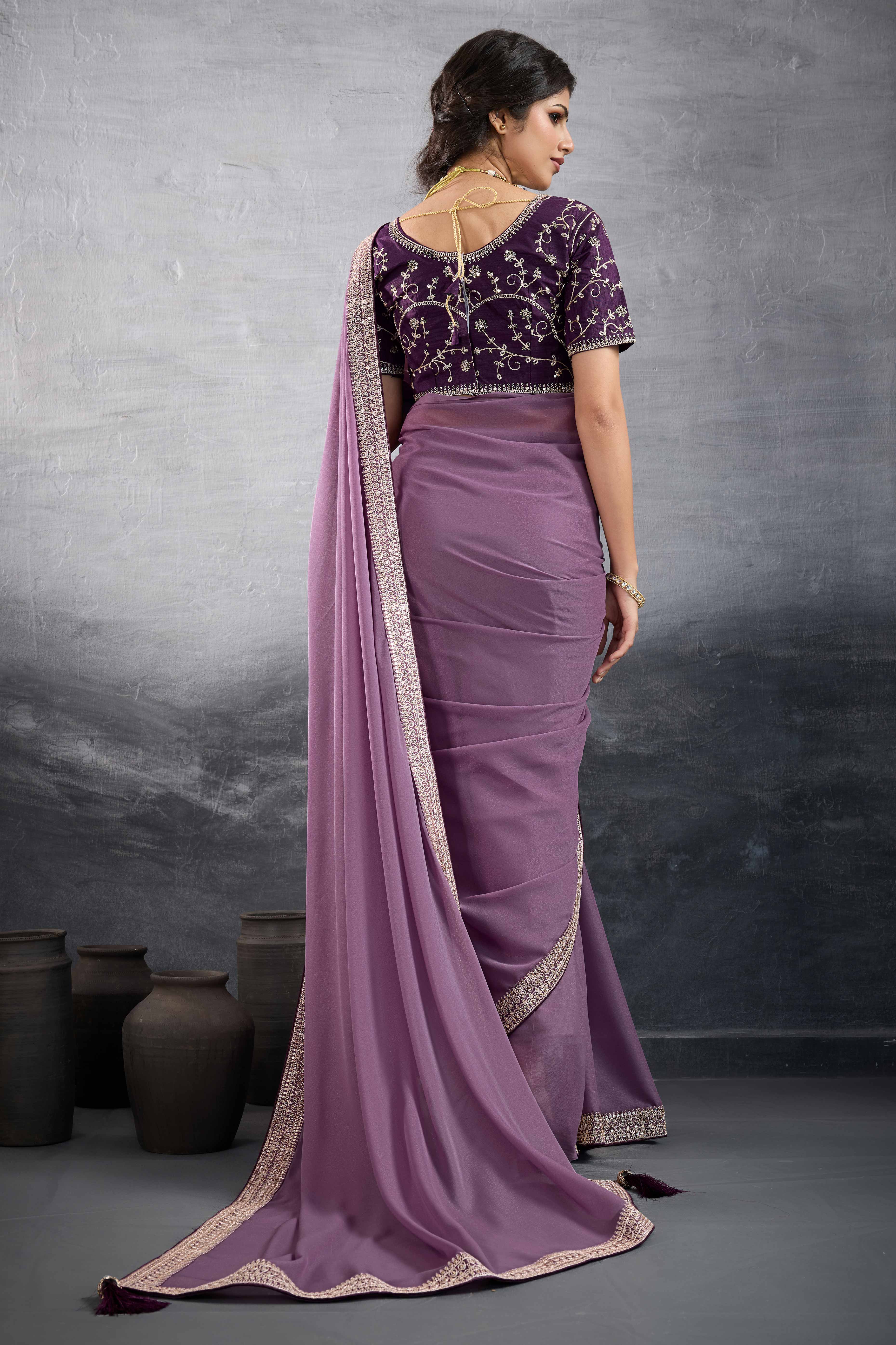 Lavender Solid Saree In Georgette With Zari & Sequins Embroidery Border