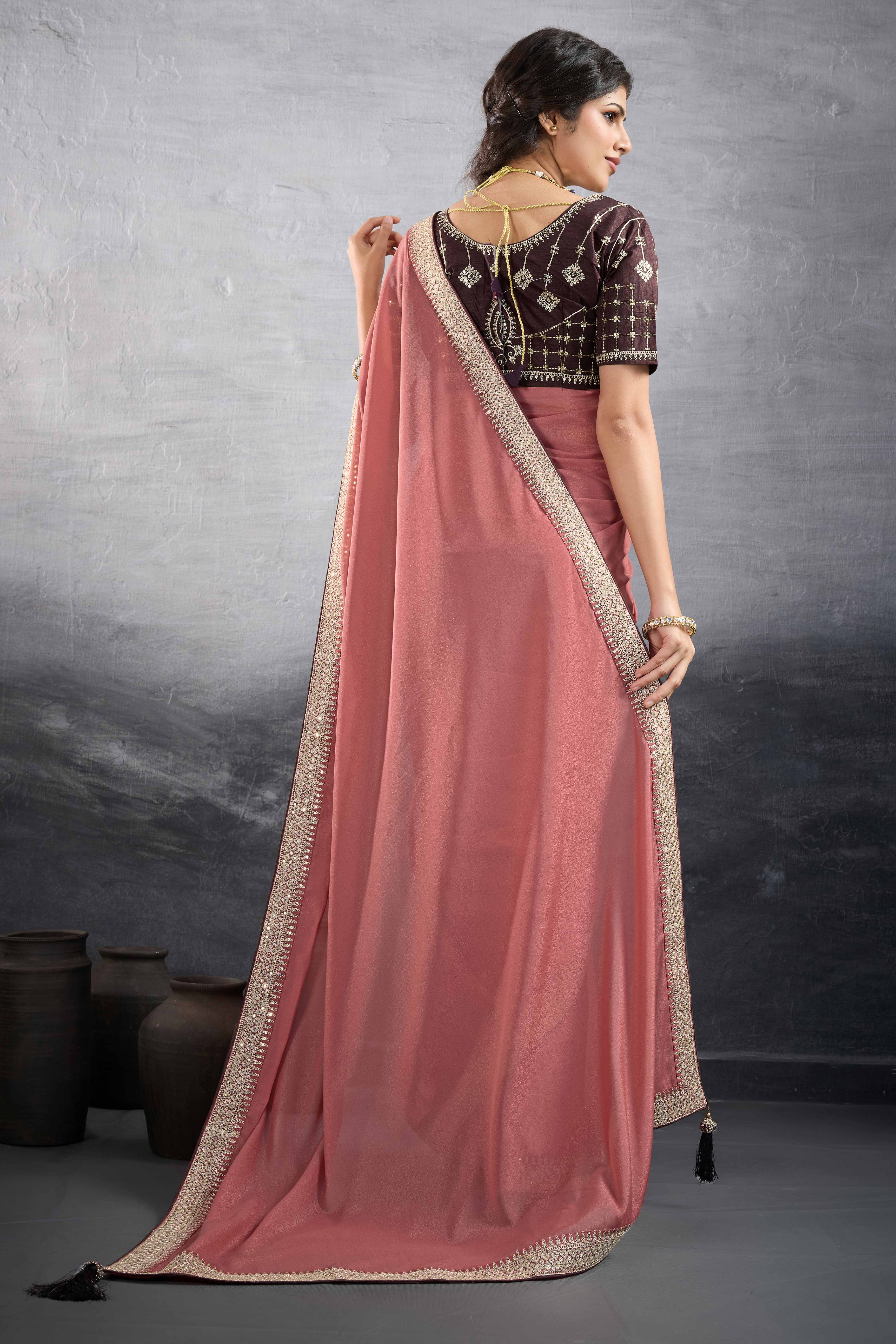 Salmon Pink Solid Saree In Georgette With Zari & Sequins Embroidery Border