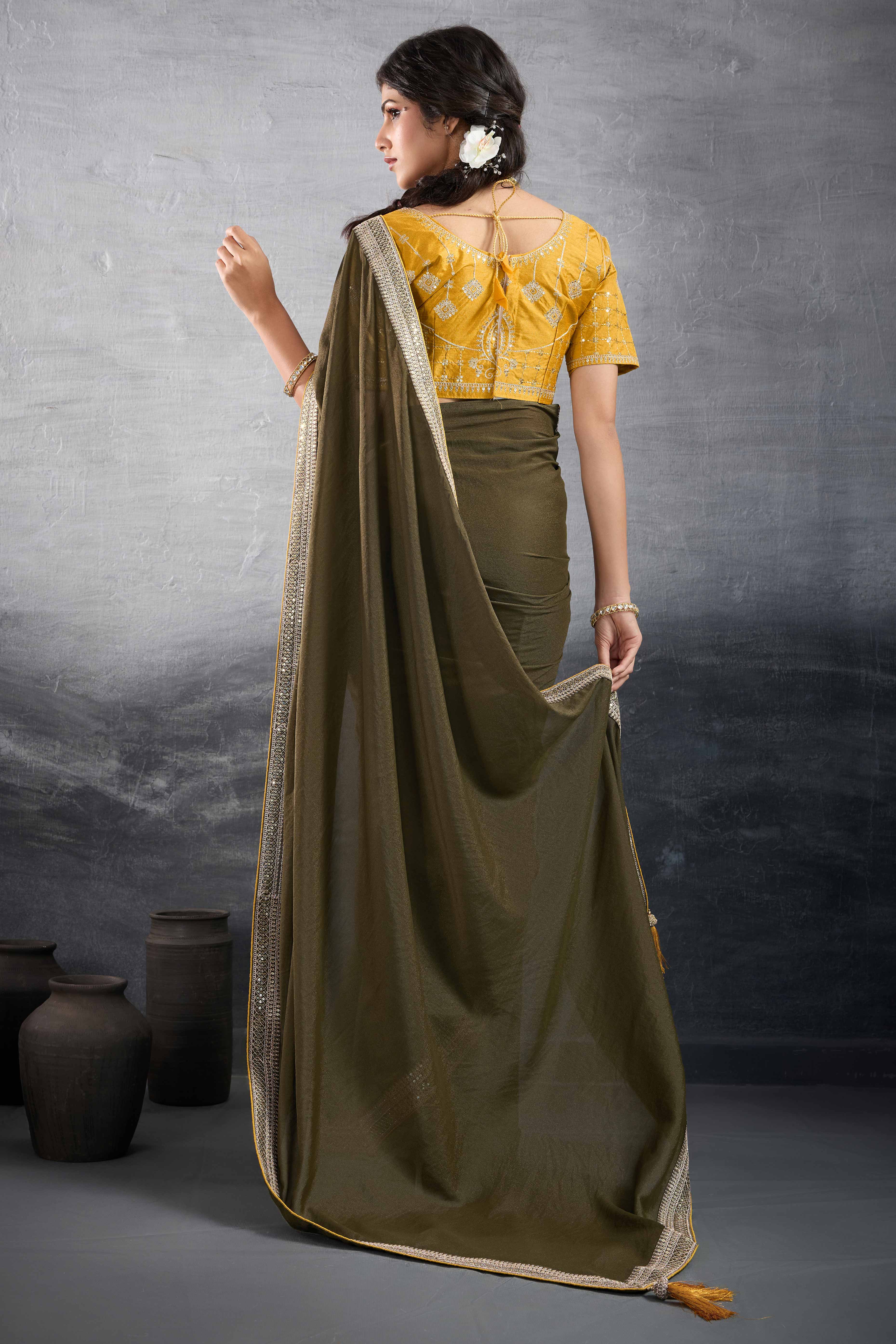 Mehendi Green Solid Saree In Georgette With Zari & Sequins Embroidery Border