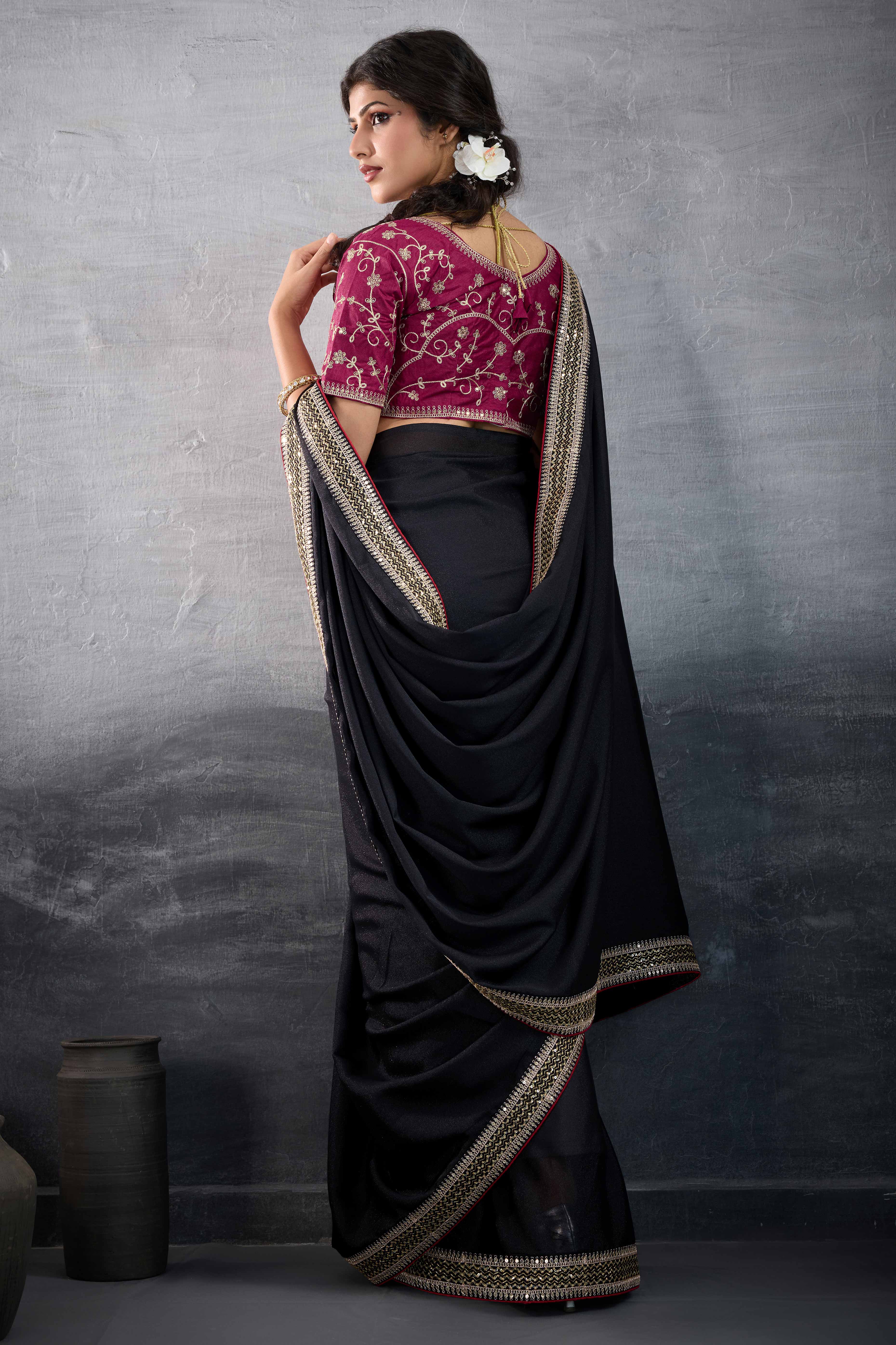 Black Solid Saree In Georgette With Zari & Sequins Embroidery Border