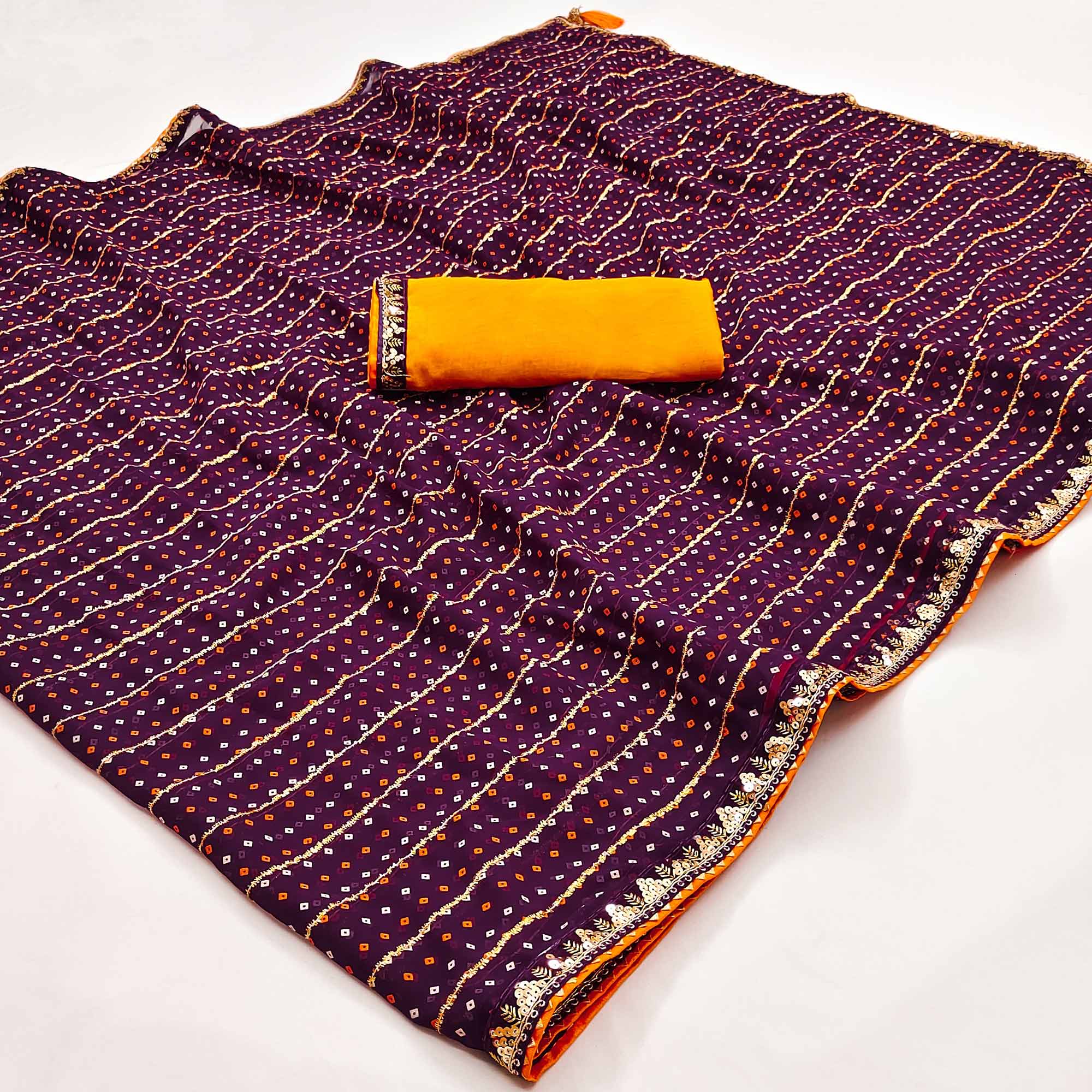 Charming Wine Bandhani Printed Georgette Saree With Glittering Sequins & Zari Border