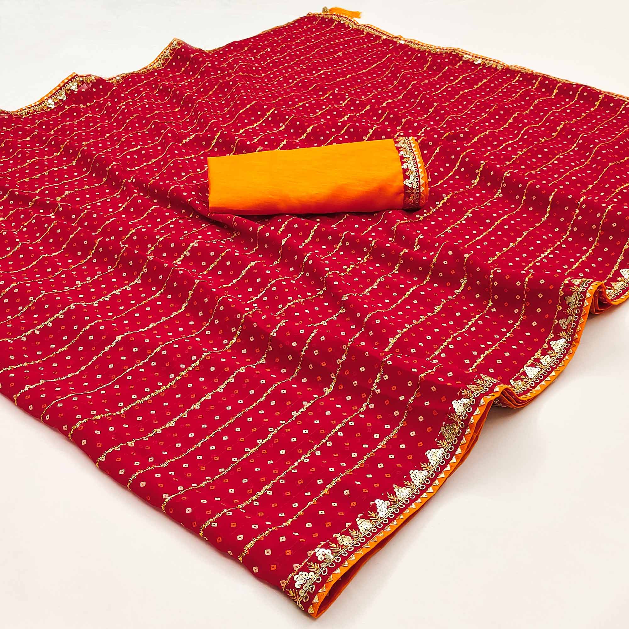 Charming Red Bandhani Printed Georgette Saree With Glittering Sequins & Zari Border