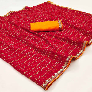 Charming Red Bandhani Printed Georgette Saree With Glittering Sequins & Zari Border