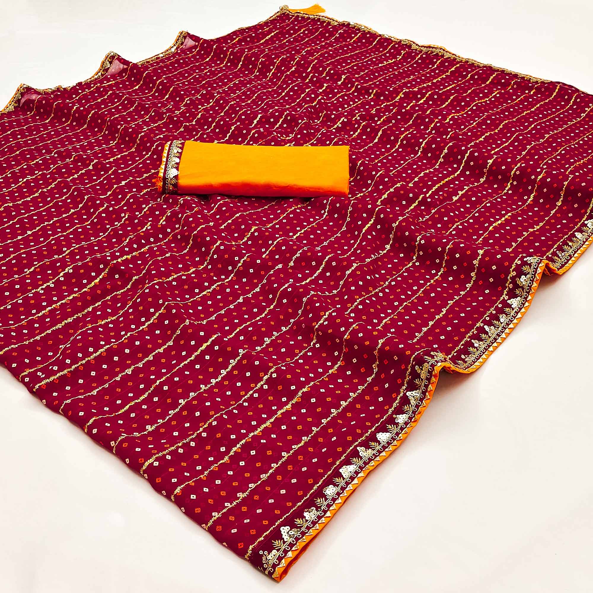 Charming Maroon Bandhani Printed Georgette Saree With Glittering Sequins & Zari Border