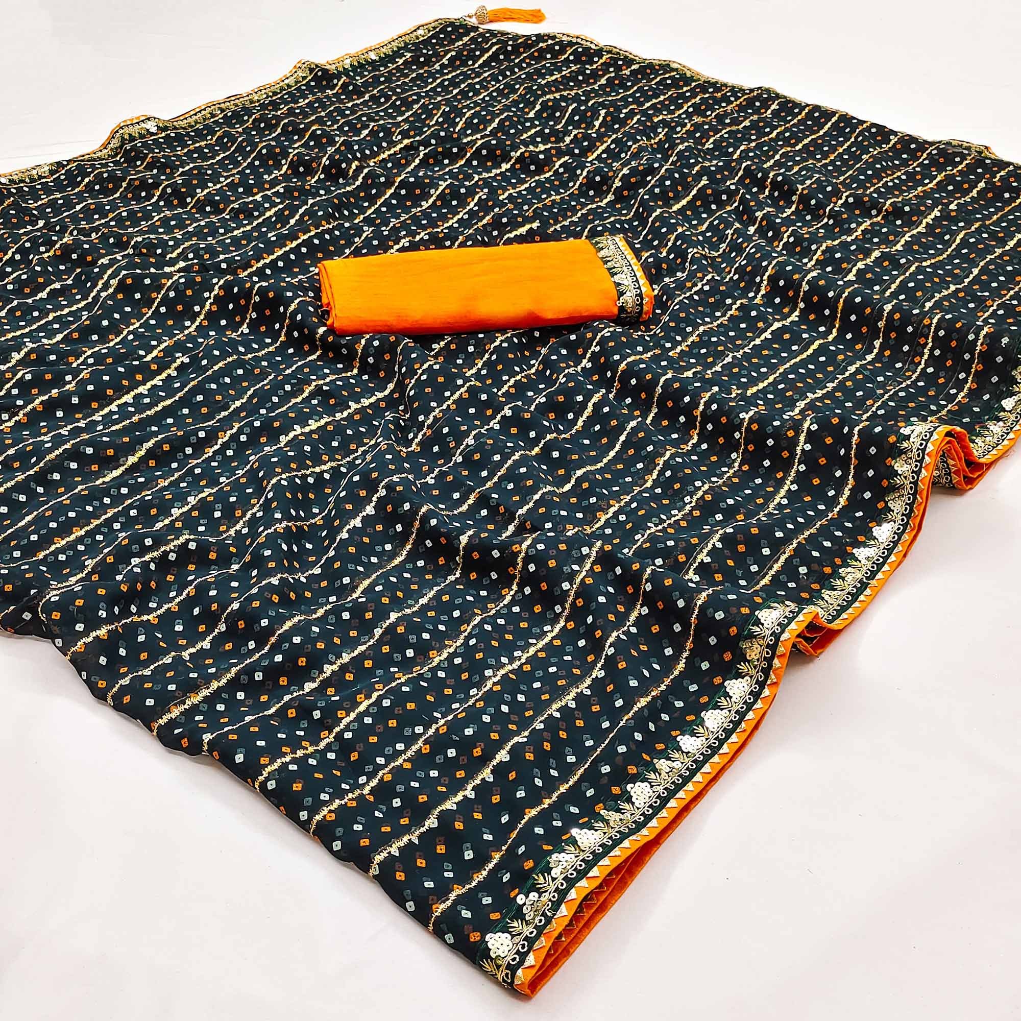 Charming Dark Teal Green Bandhani Printed Georgette Saree With Glittering Sequins & Zari Border