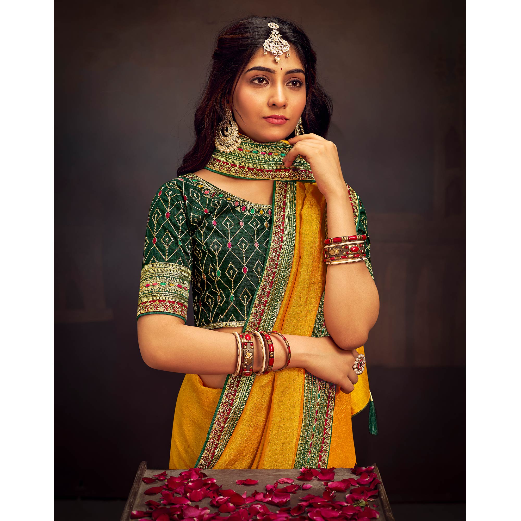 Mustard Solid With Embroidered Border Vichitra Silk Saree