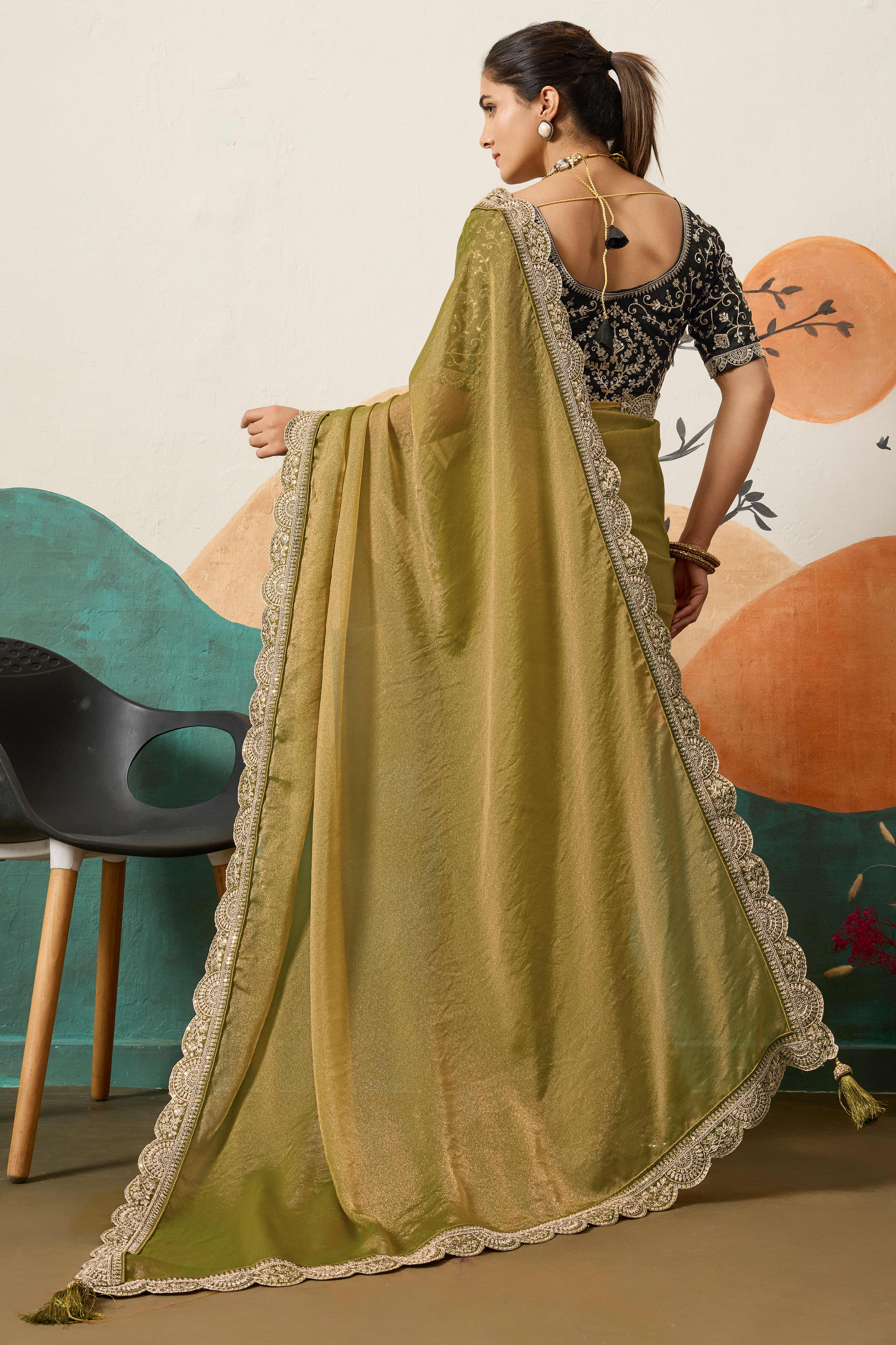 Sophisticated Olive Green Solid Moss Orgnaza Saree With Intricate Cording Sequins Embroidery Border
