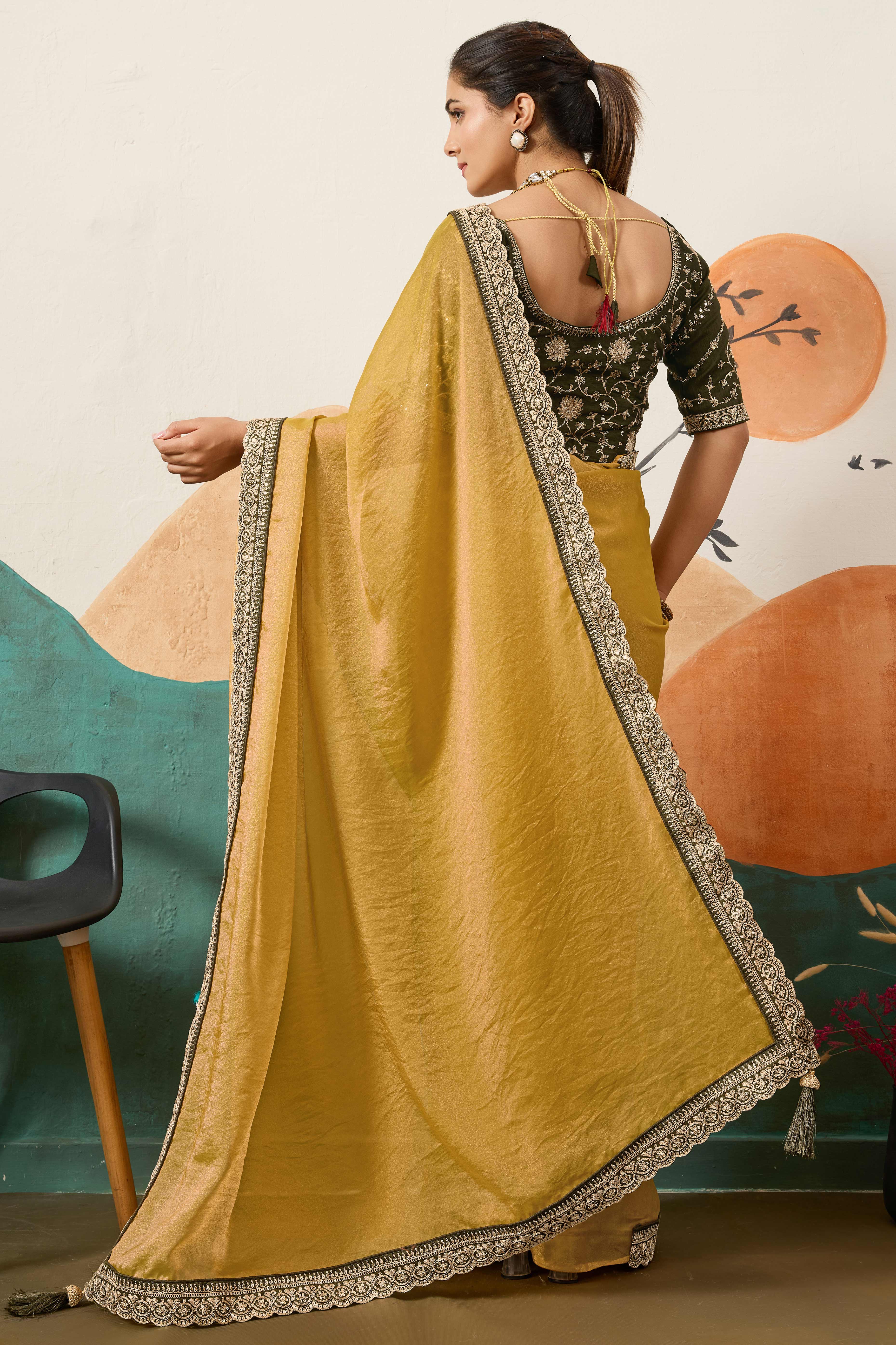 Sophisticated Dark Mustard Solid Moss Orgnaza Saree With Intricate Cording Sequin Embroidery Border