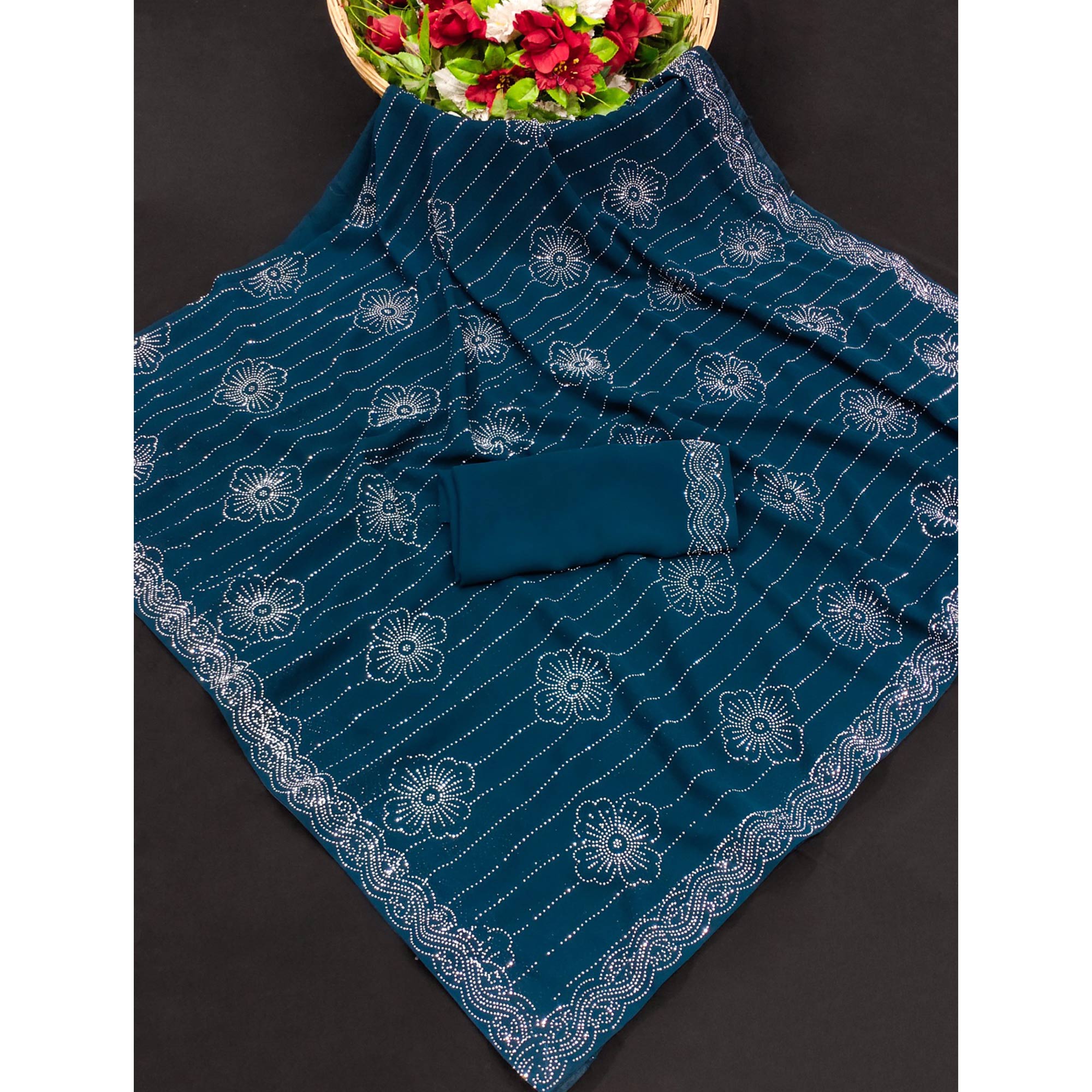 Teal Floral Swarovski Work Georgette Saree