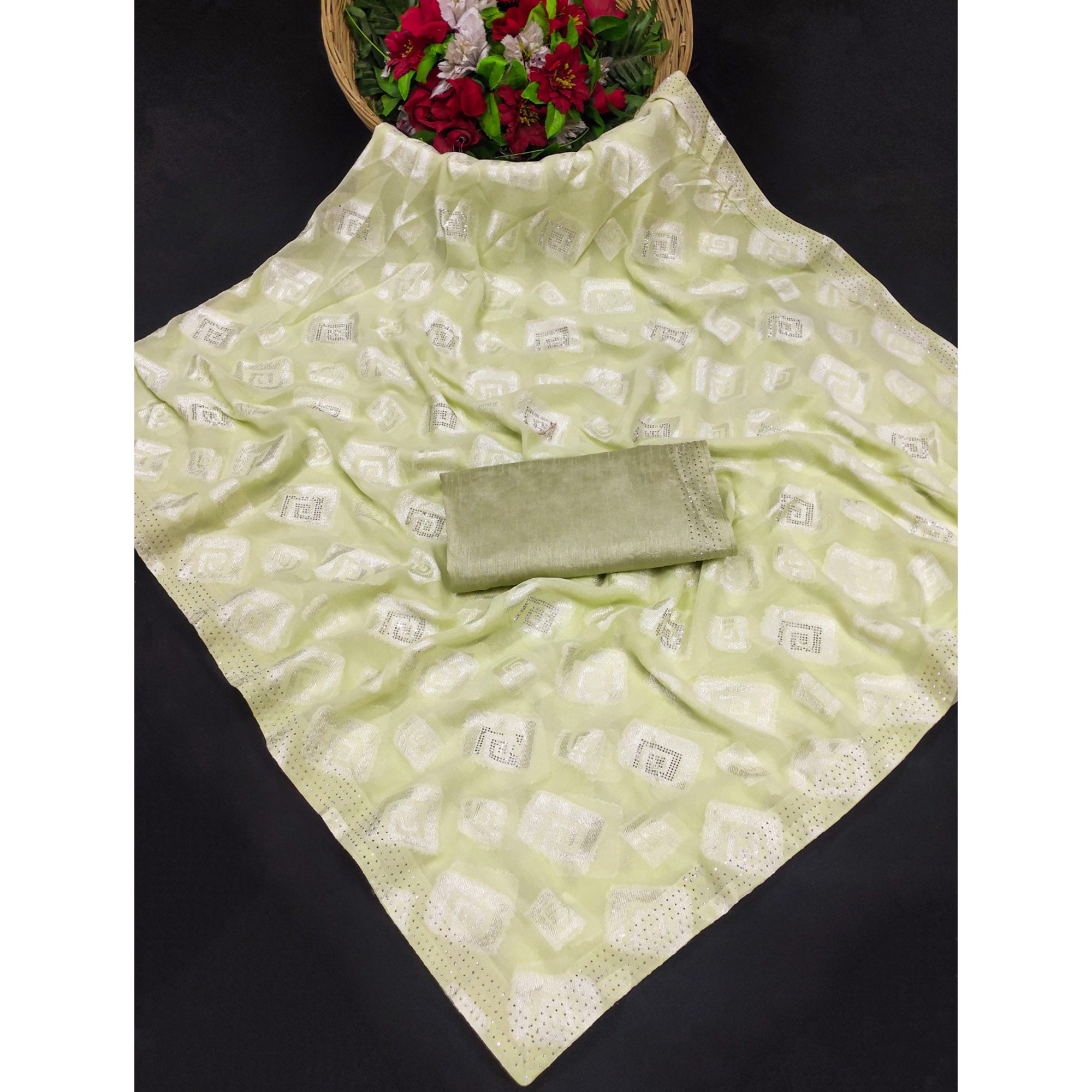 Pista Green Floral Swarovski With Woven Jacquard Saree