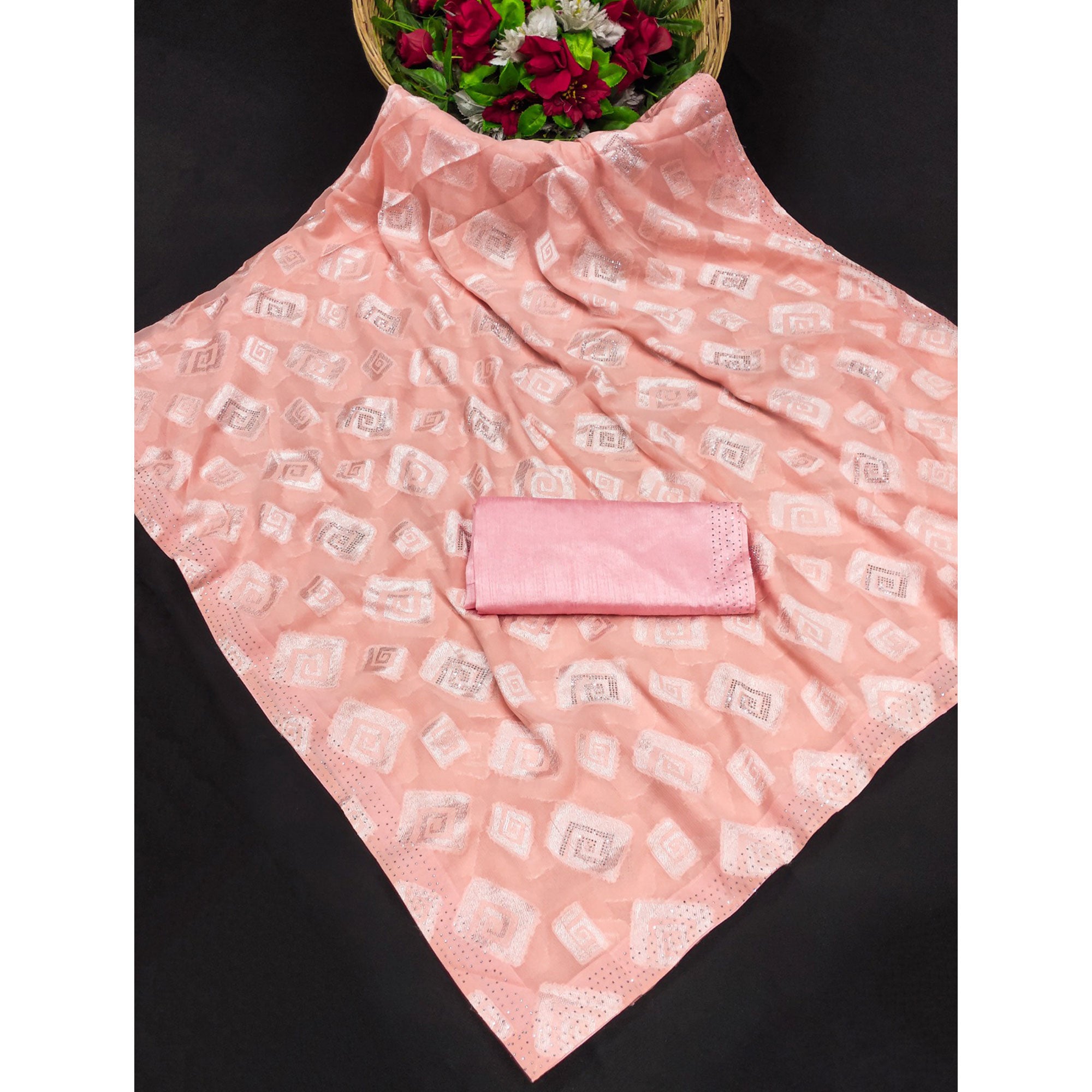 Peach Floral Swarovski With Woven Jacquard Saree