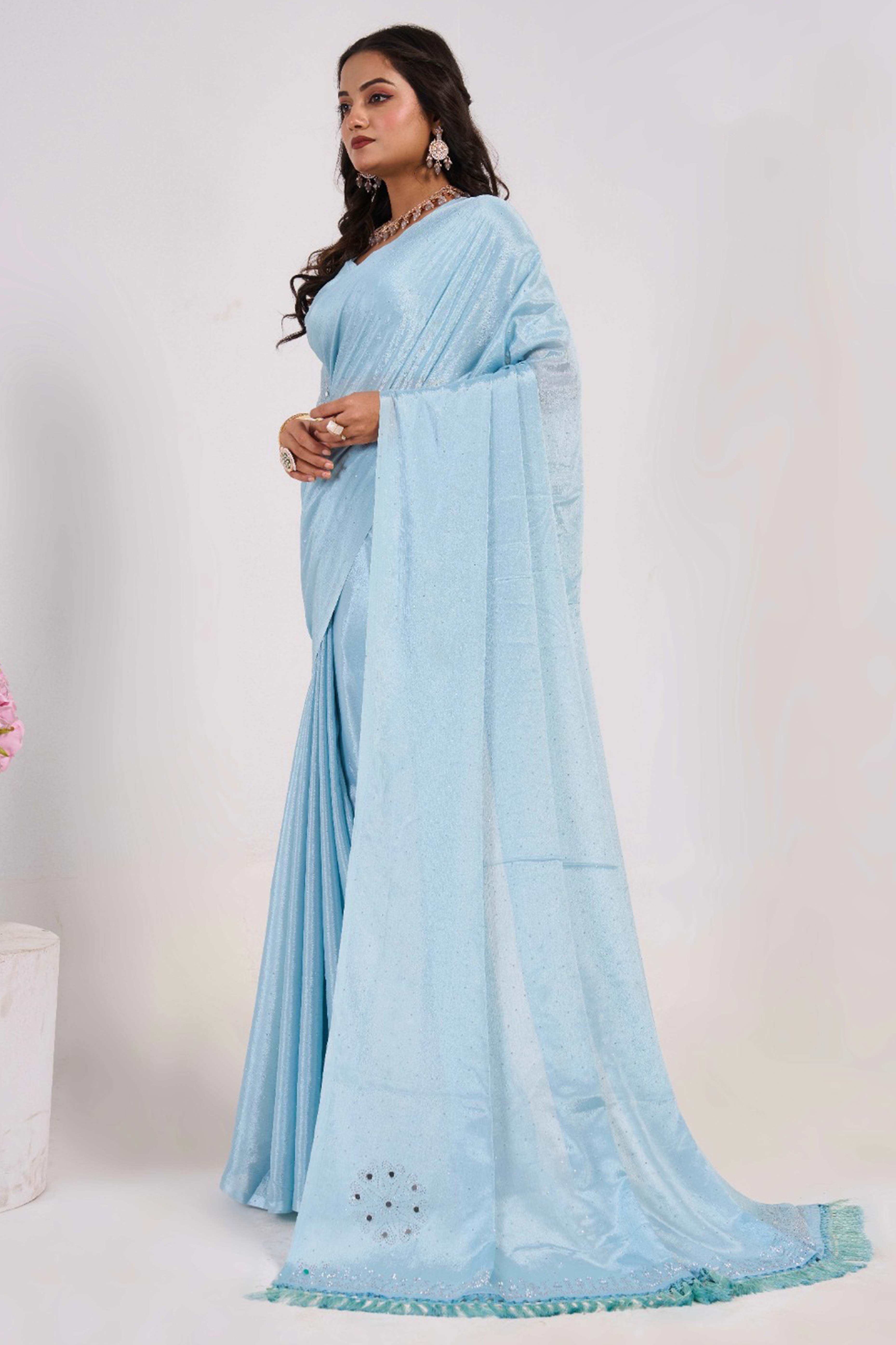 Blue Swarovski With Mirror Work Chinon Saree