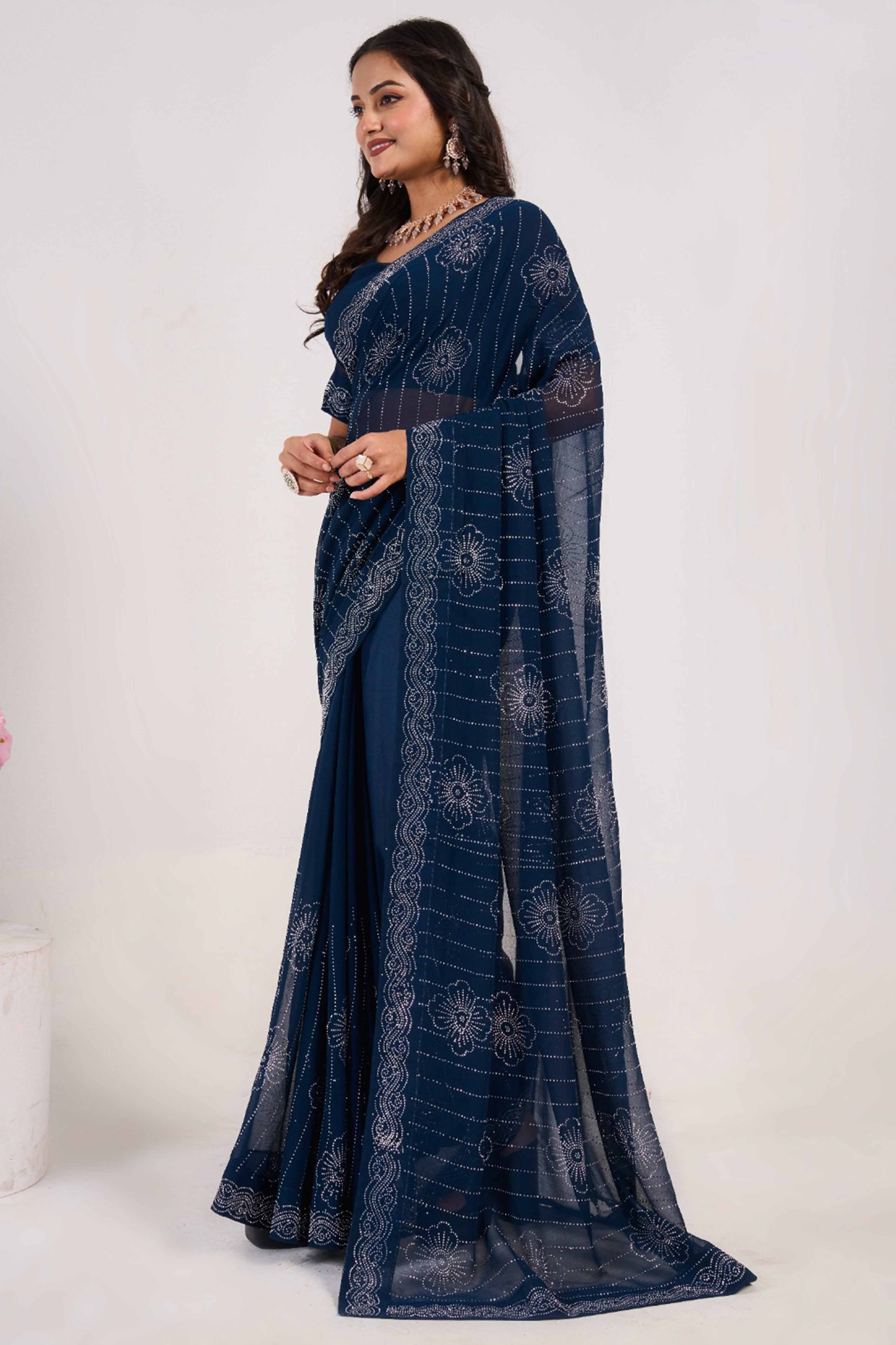 Blue Swarovski Work Georgette Saree