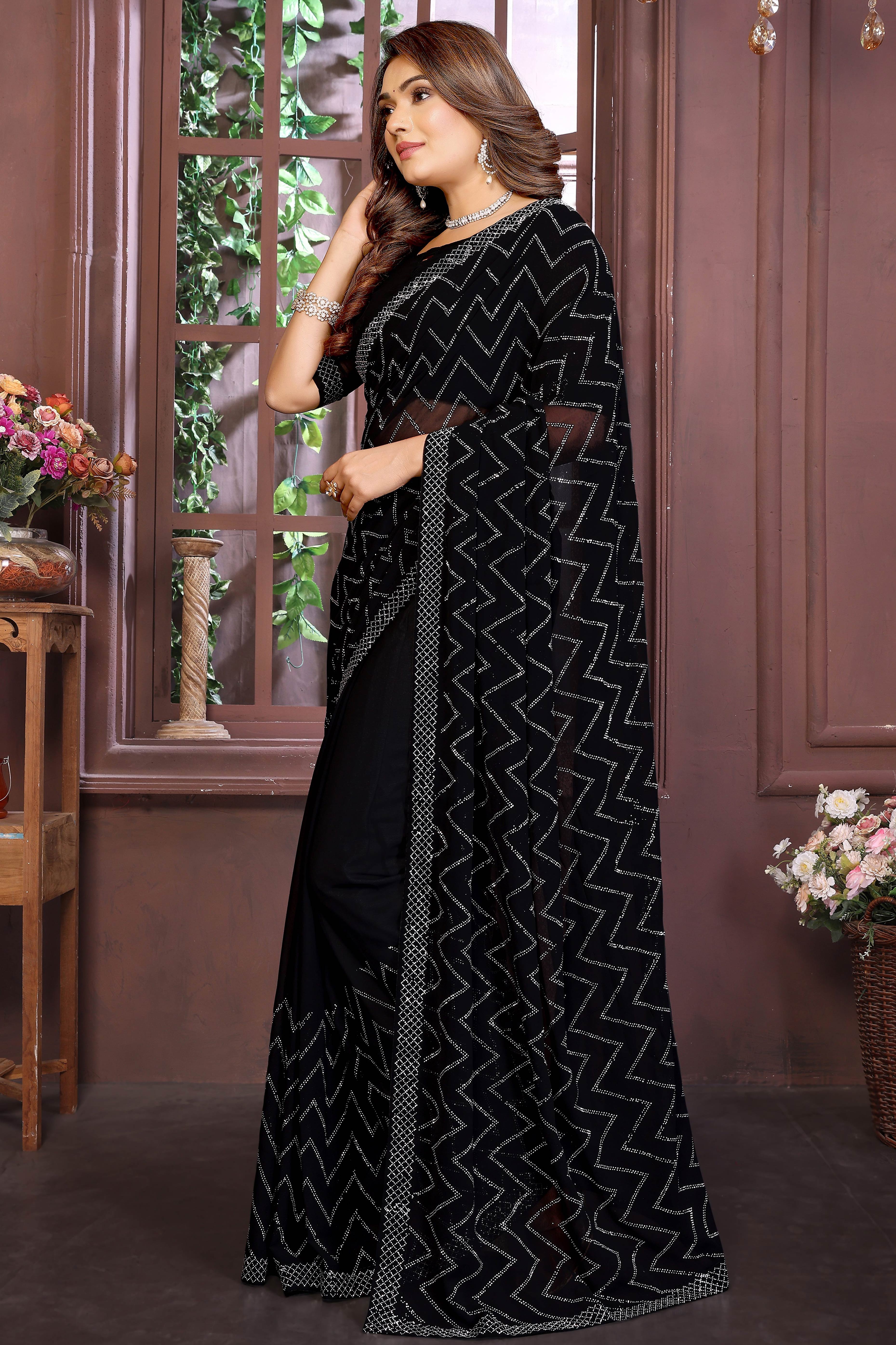 Glamorous Black Zig Zag Design Swarovski Crystal Work Georgette Saree
