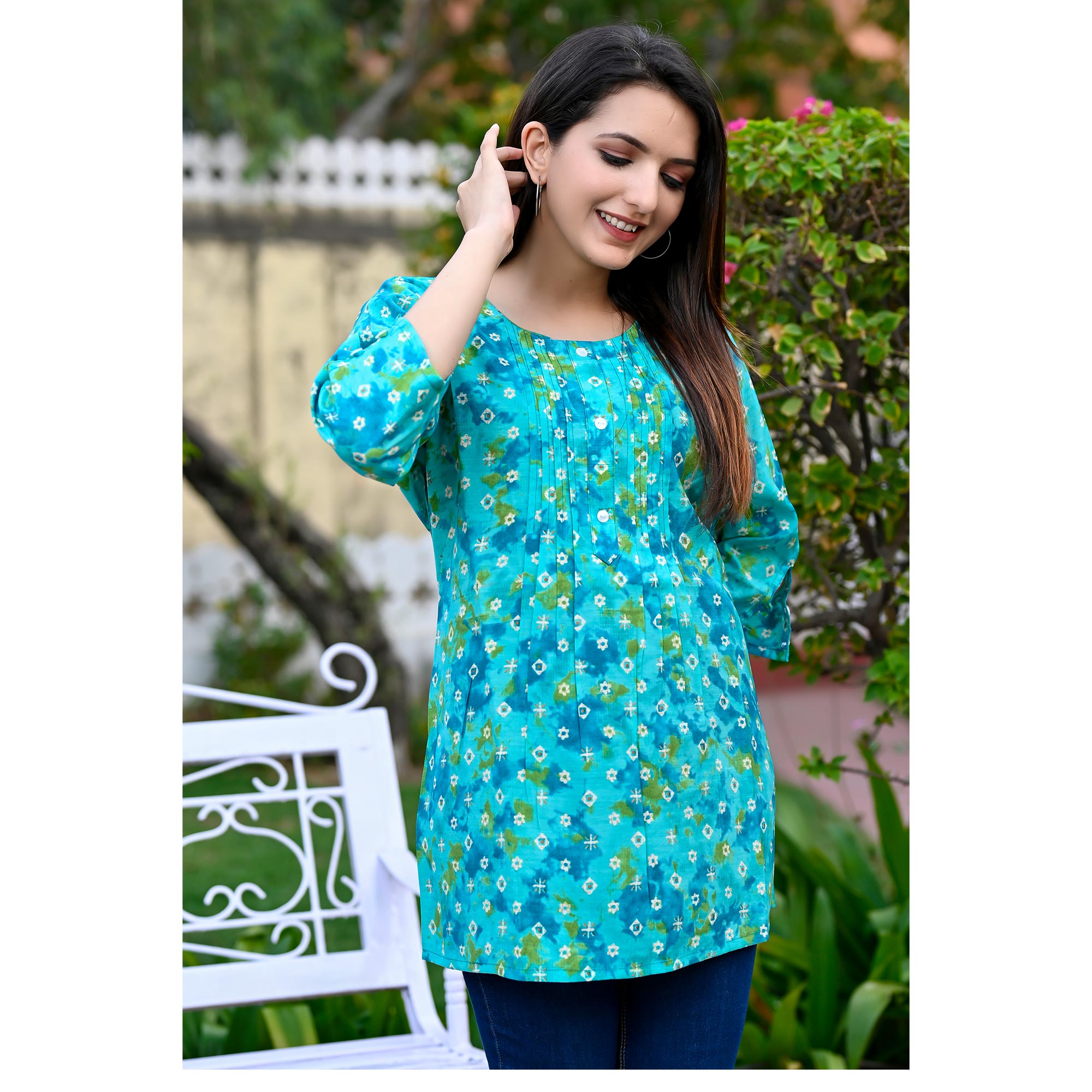 Turquoise Printed Chanderi Top