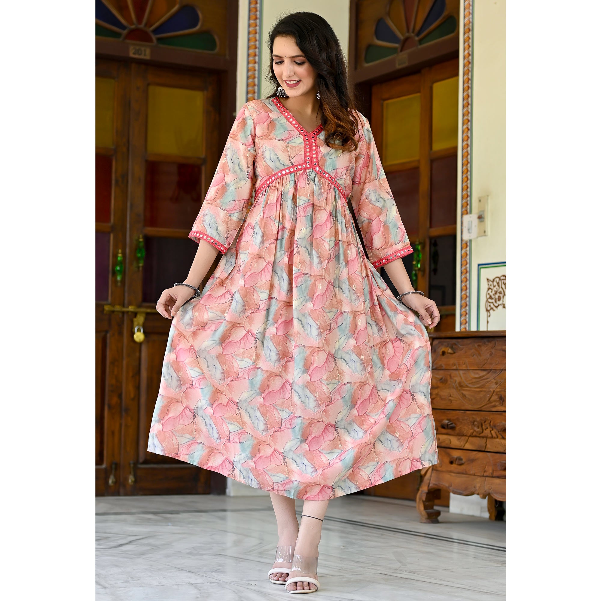 Pink Printed Chanderi Alia Cut Kurti