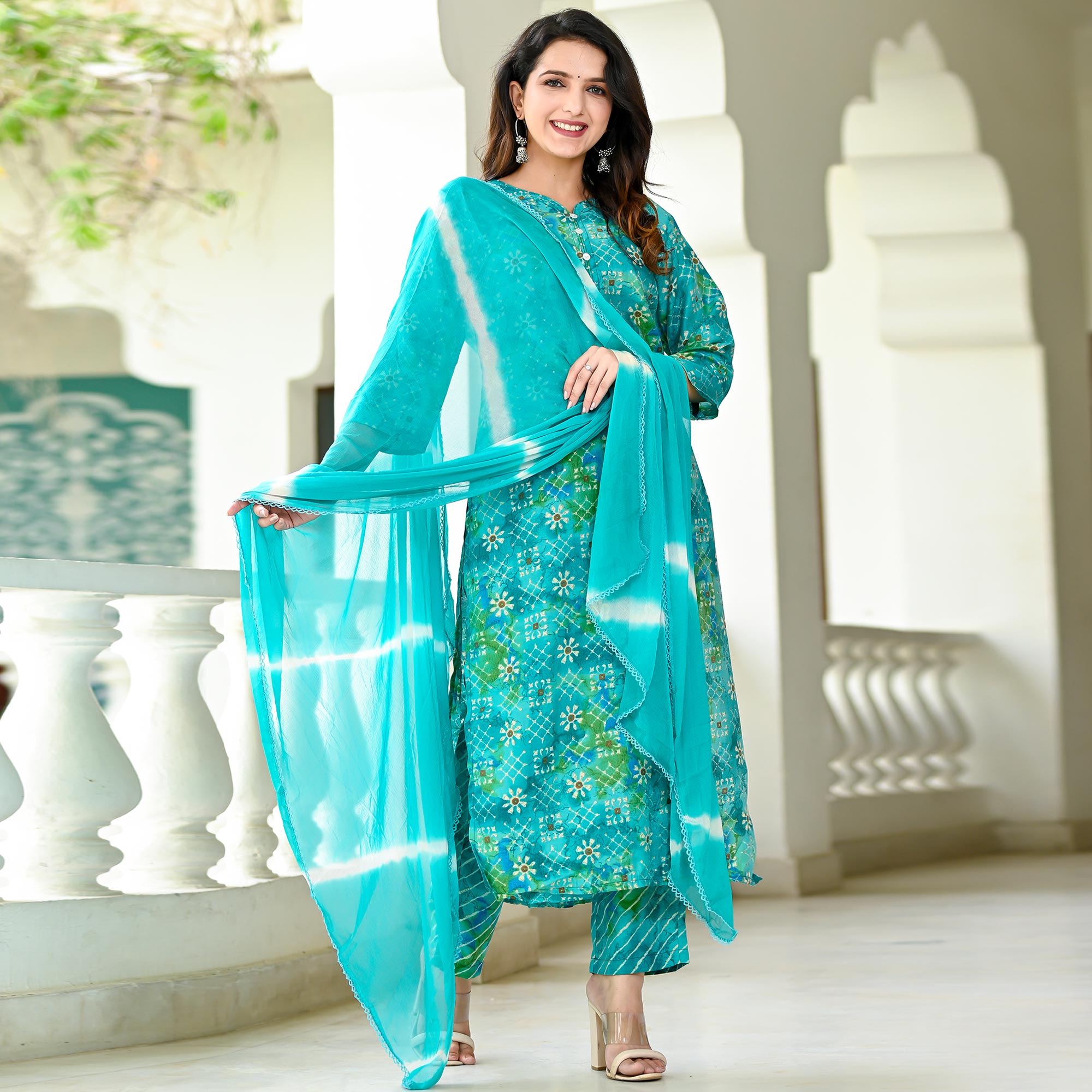 Turquoise Floral Printed Chanderi Suit