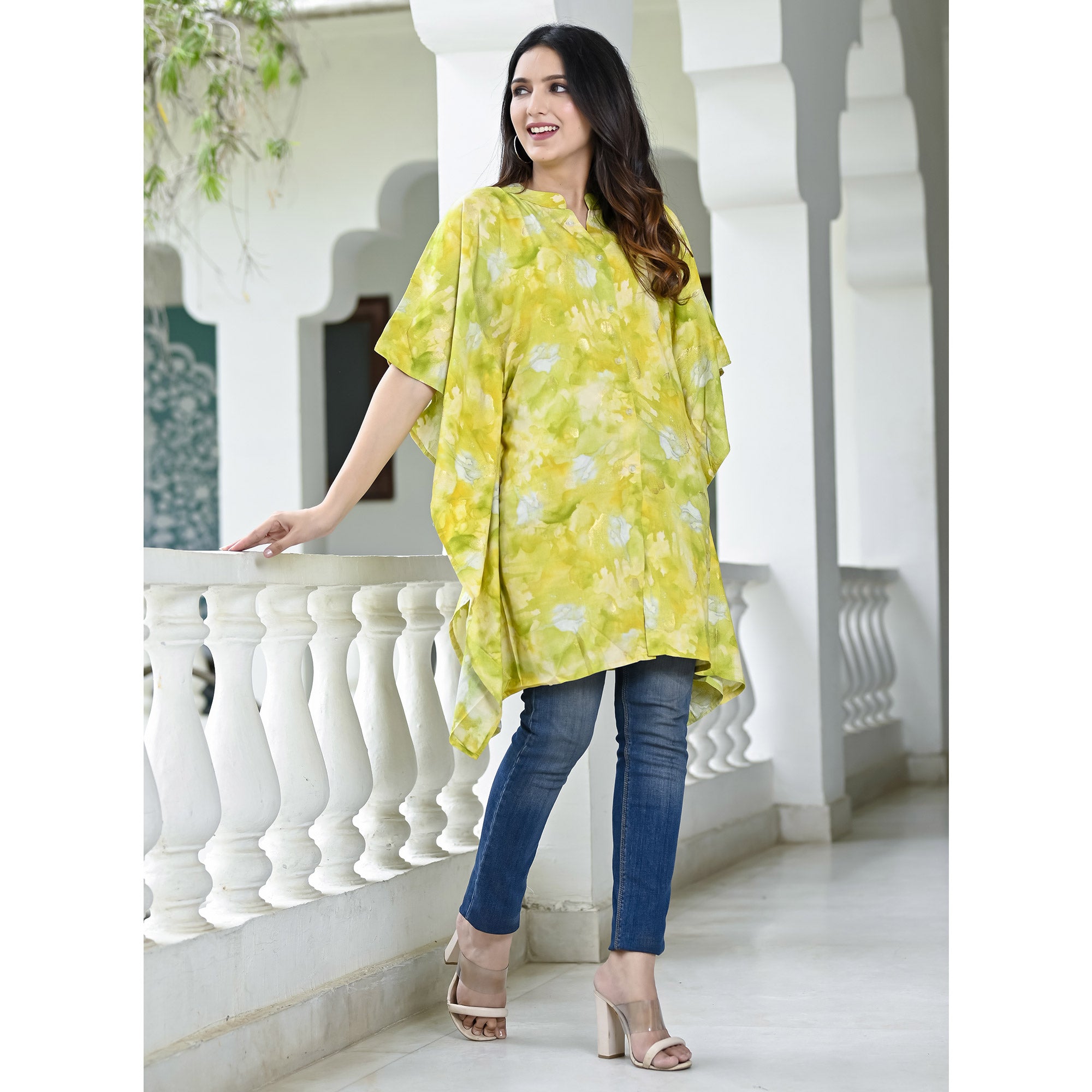 Green Foil Printed Rayon Kaftan