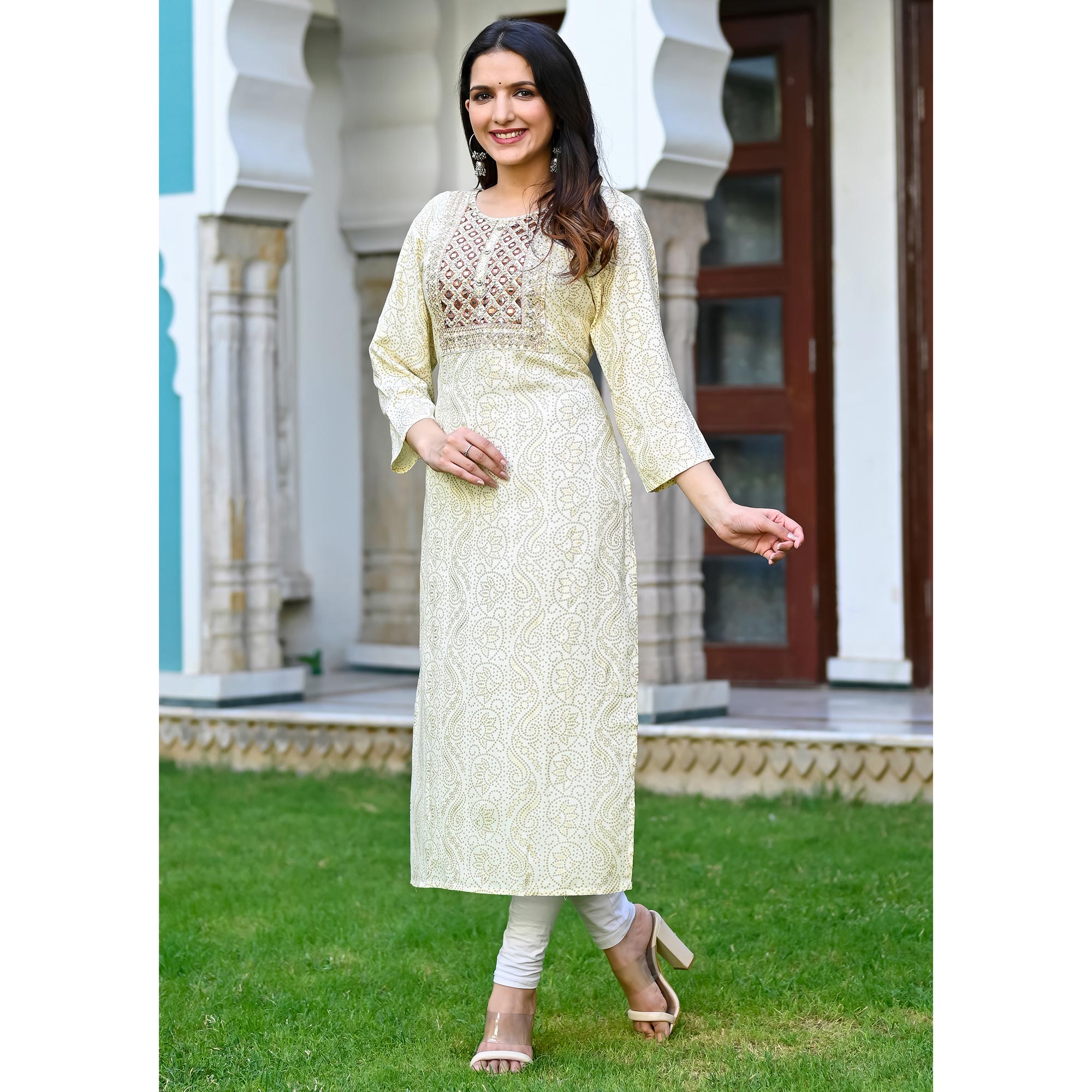 Offwhite Floral Foil Printed Rayon Kurti